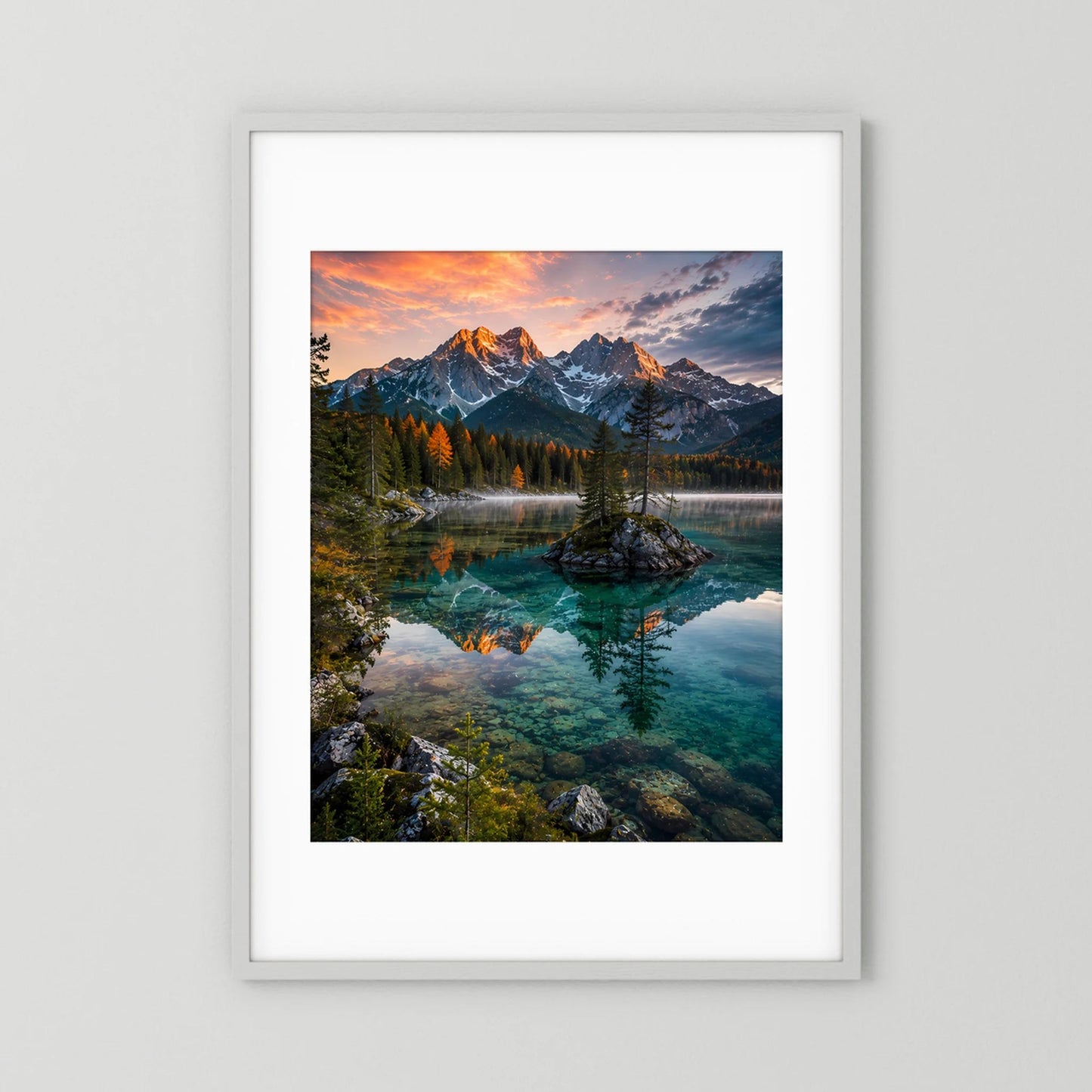 Kristallklarer Bergsee im Abendlicht | Bergpanorama mit Spiegelung | Poster Hochformat