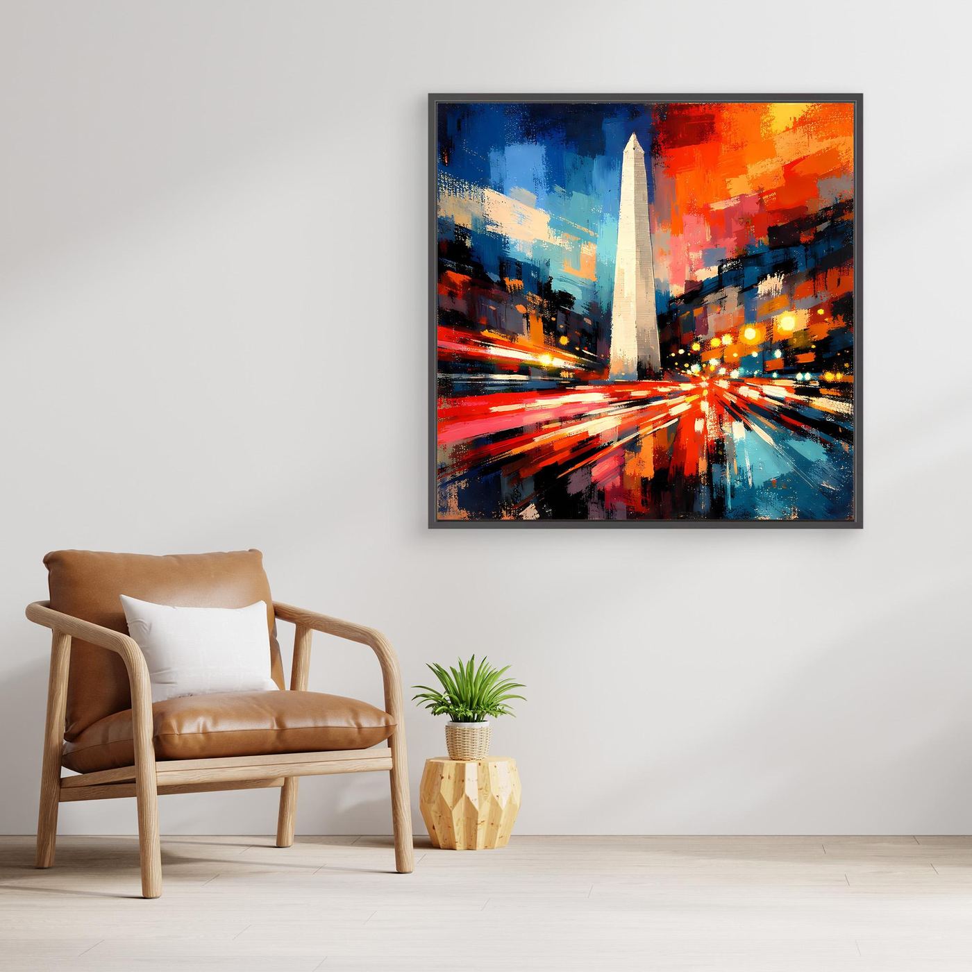 Leinwand-Wandbild mit abstraktem Obelisk, kontrastreiche Farbfelder und Rahmen