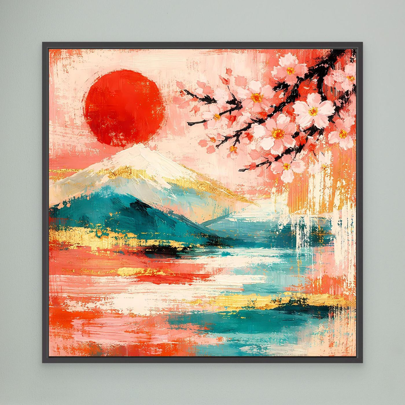 Leinwandbild: Kirschblütenzweig, Berg und rote Sonne in Rot-Gold, schwarz gerahmt