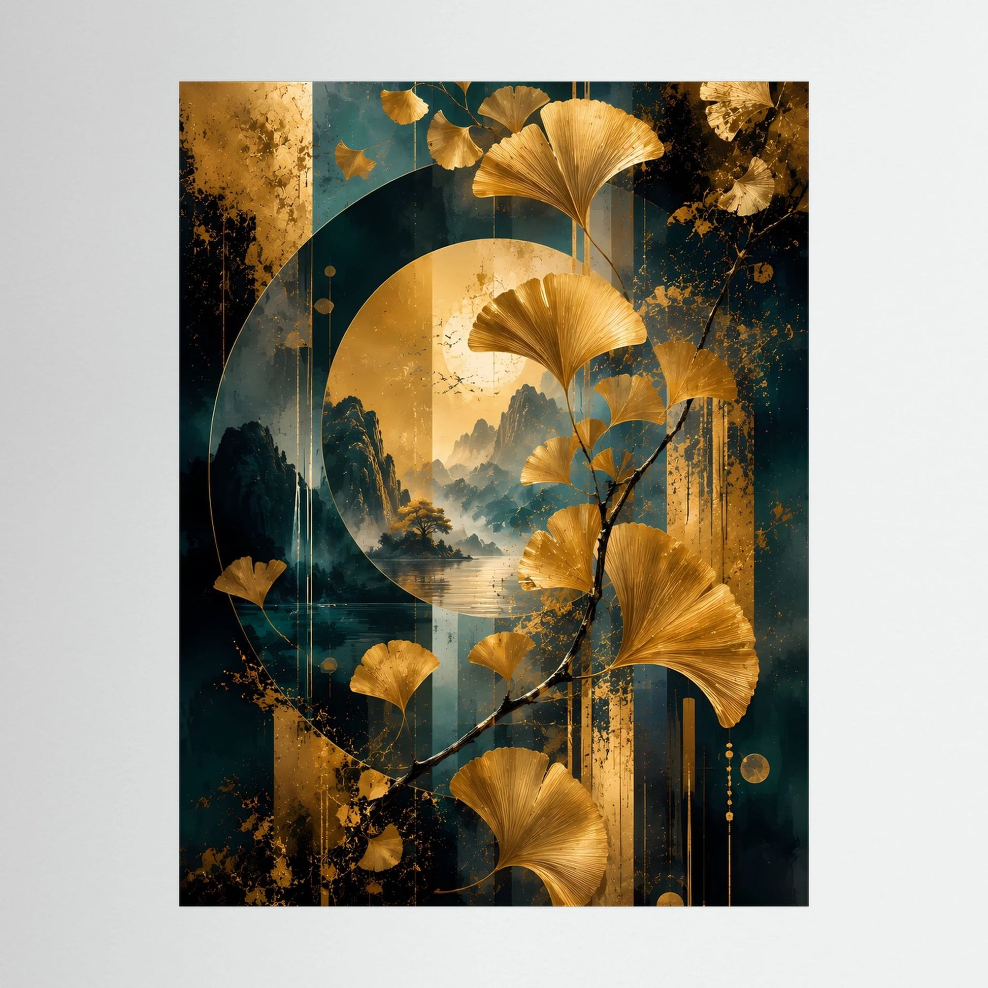 Nahansicht Hochformat-Poster mit goldenen Ginkgo-Blättern und petrolblauer Berglandschaft