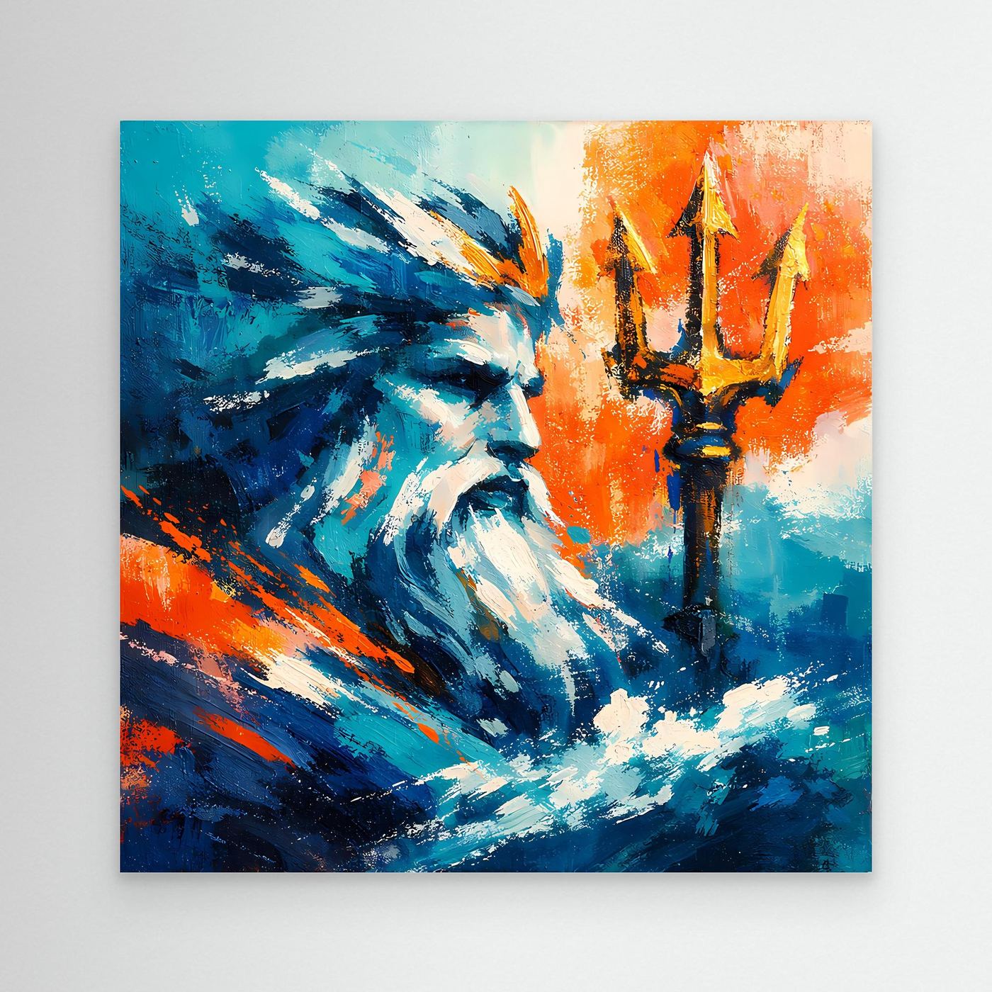 Abstract wall canvas, blue bearded figure with orange background and candle-like shapes