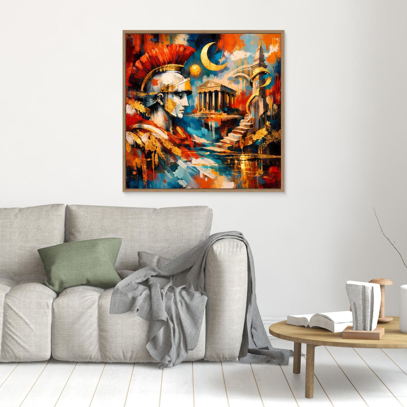 Gerahmtes quadratisches Leinwandbild mit römischem Zenturio, Rot-Blau-Gold im abstrakten Stil