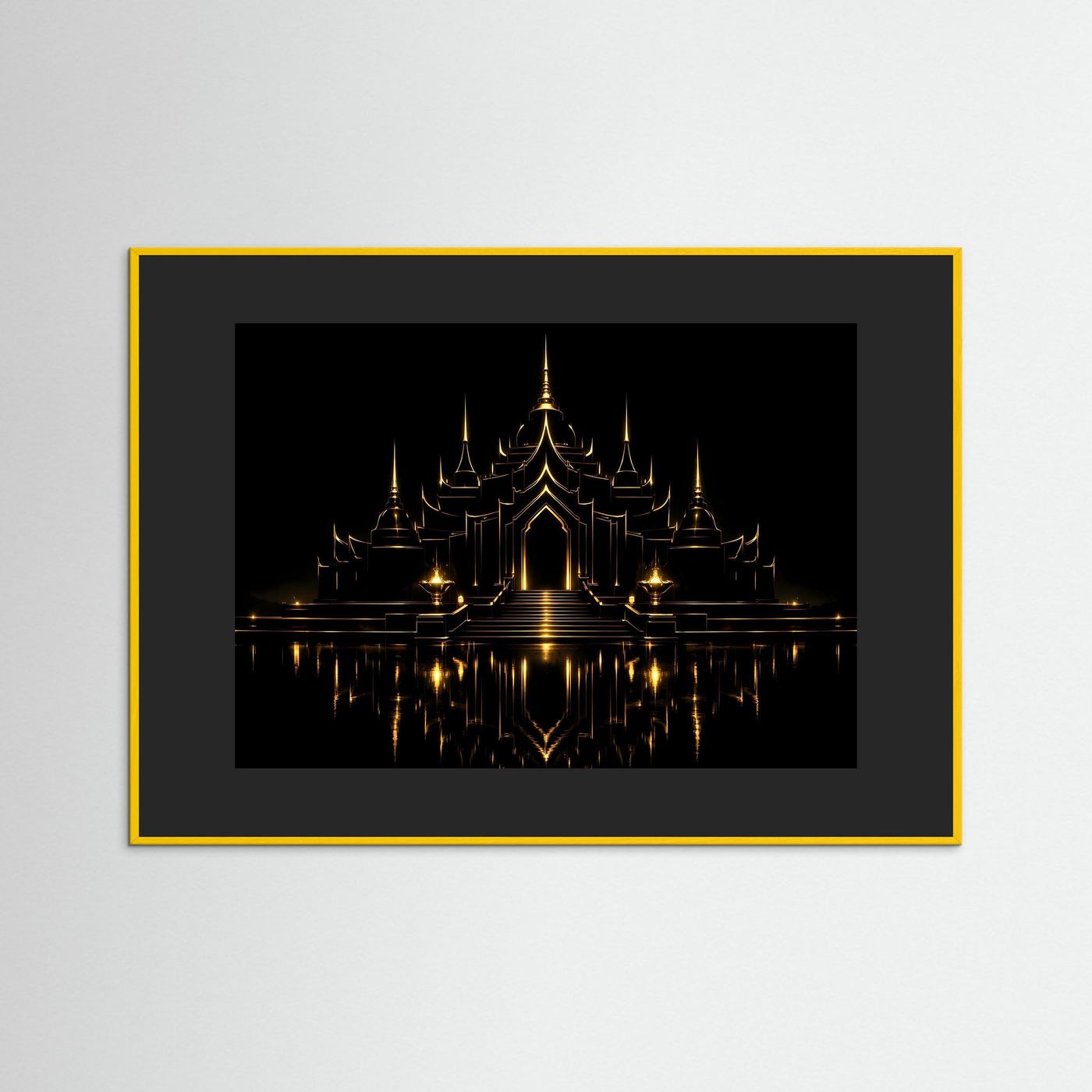 Wandposter mit Tempelarchitektur, goldenen Lichtern und Spiegelung, im goldfarbenen Rahmen