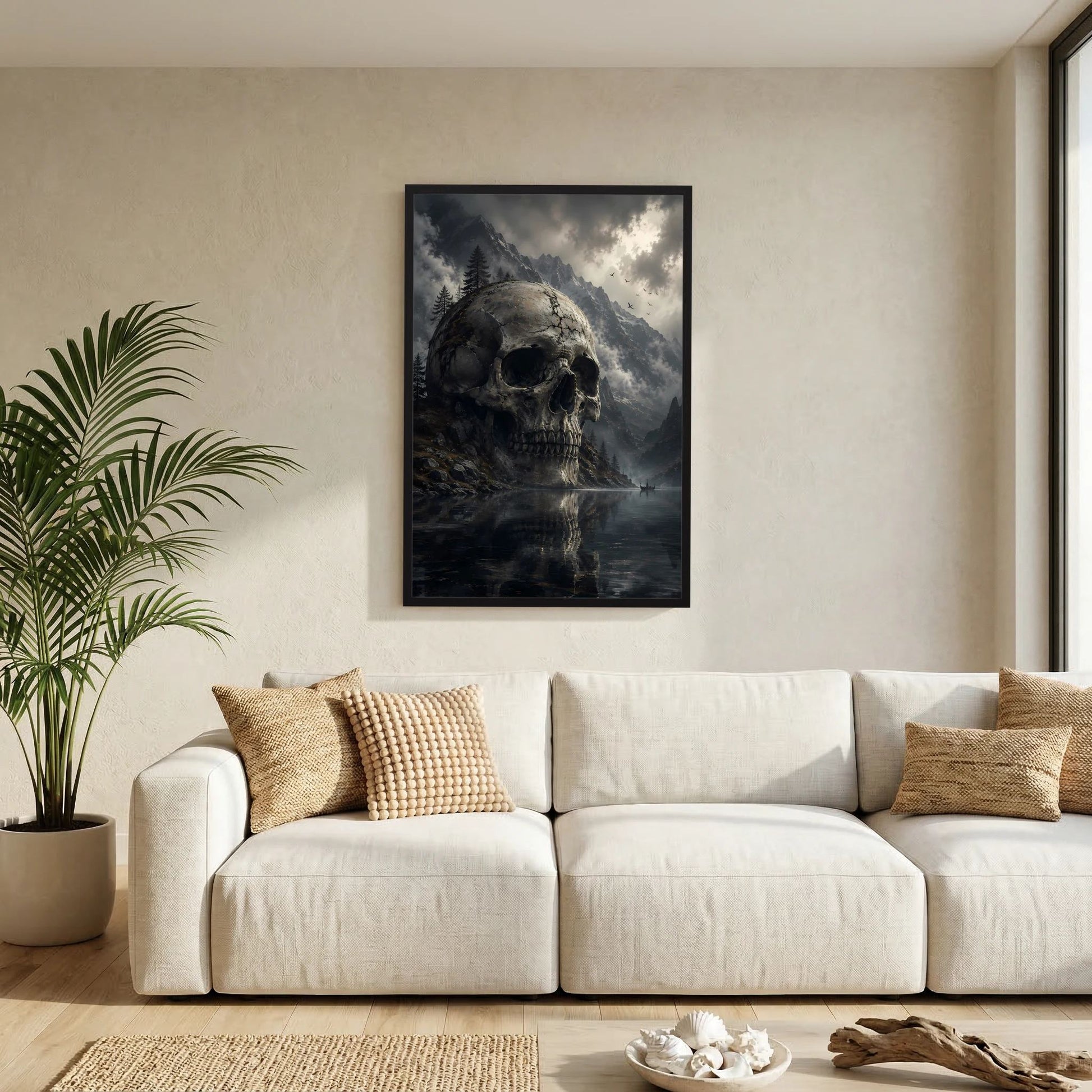 Wandposter mit Totenschädel vor Bergen und Bergsee, dunkle Fantasieszene, im schwarzen Rahmen