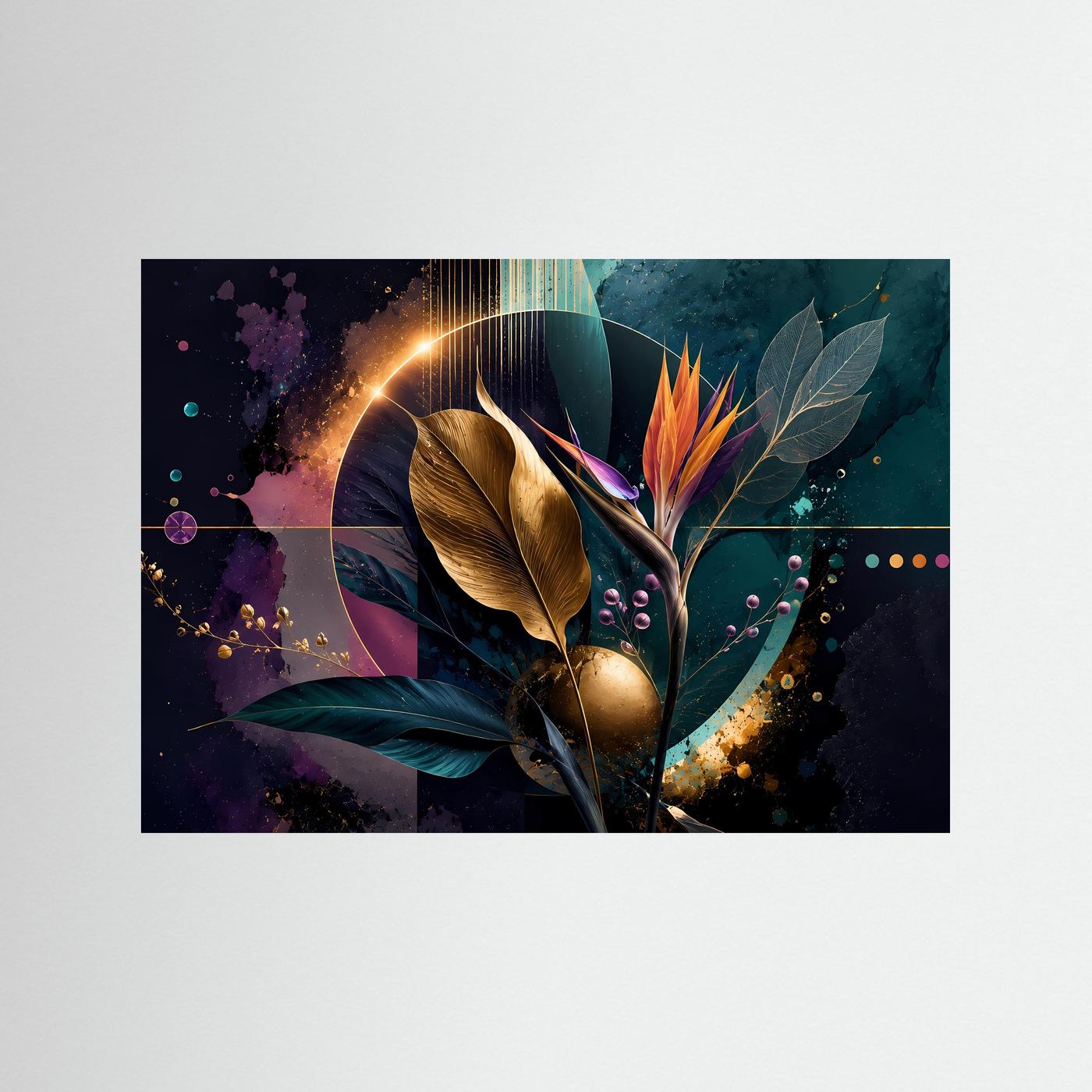 Goldene Strelitzie | Abstrakte Botanische Kunst in Petrol, Gold & Violett – Elegante Wandkunst