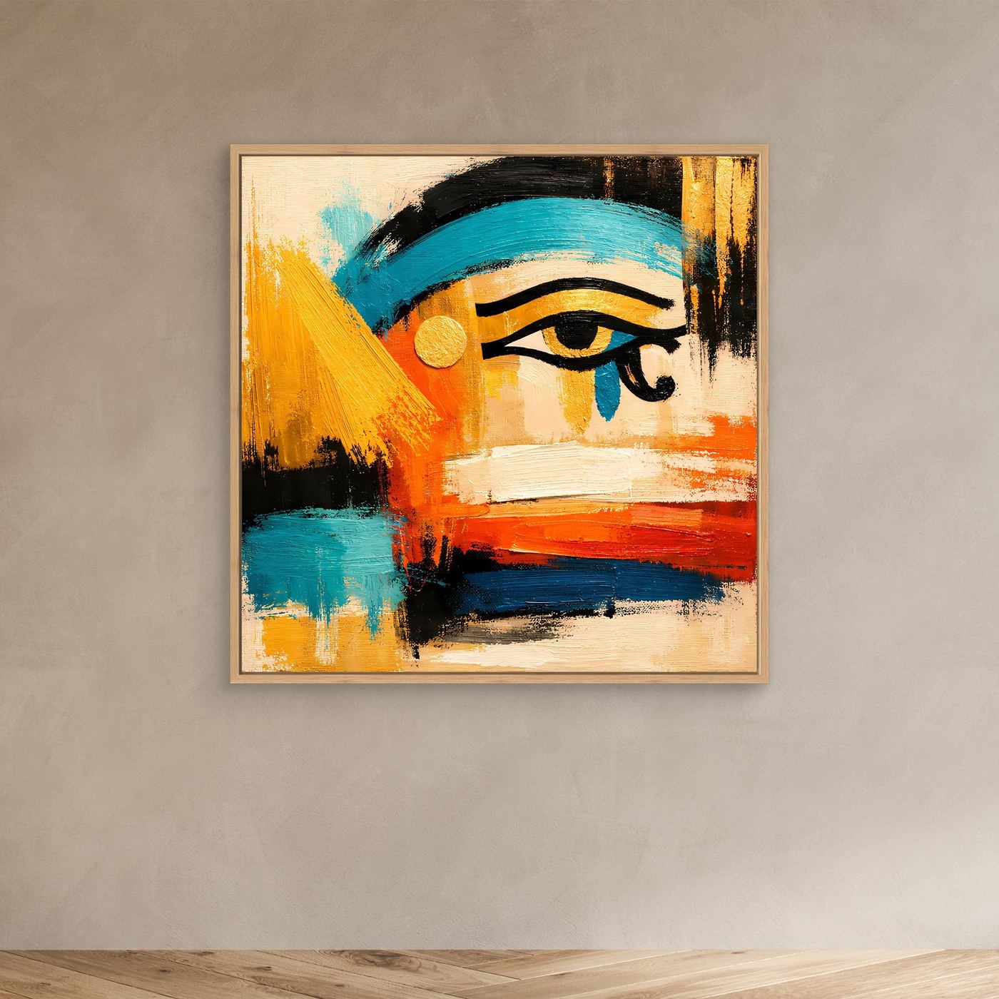 Oak-framed abstract Eye canvas with teal, orange, blue, gold brushstrokes and black outline