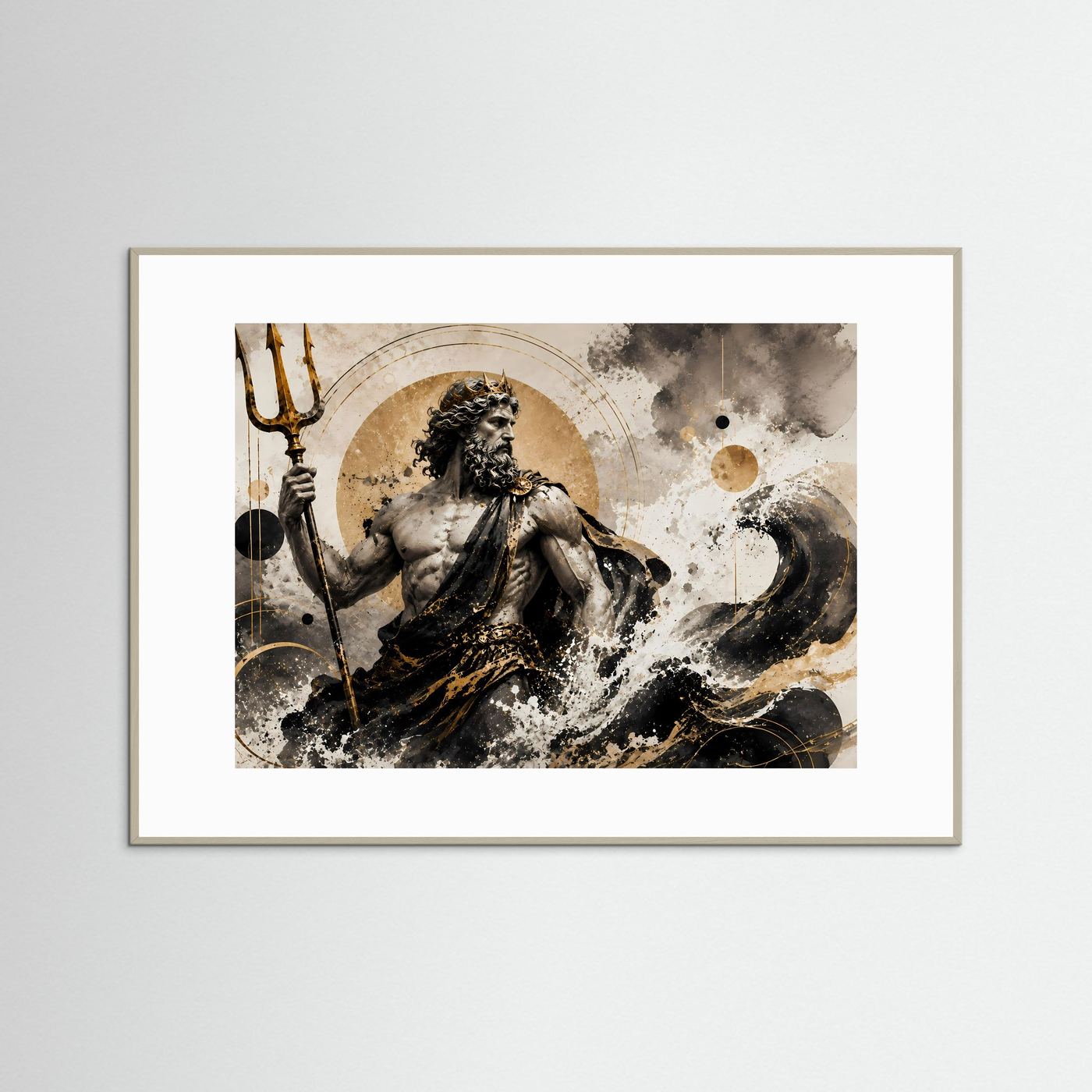 Poster mit Poseidon im Schwarz-Gold-Look, Dreizack, in weißem Rahmen (Querformat).