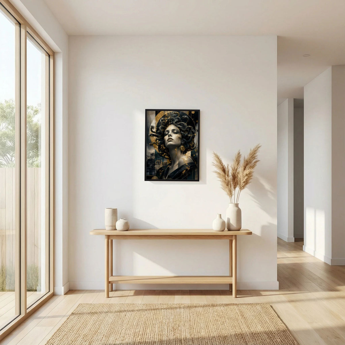 Hochformatiges Poster mit Frau im Medusa-Look, schwarz-goldene Schlangenornamente.
