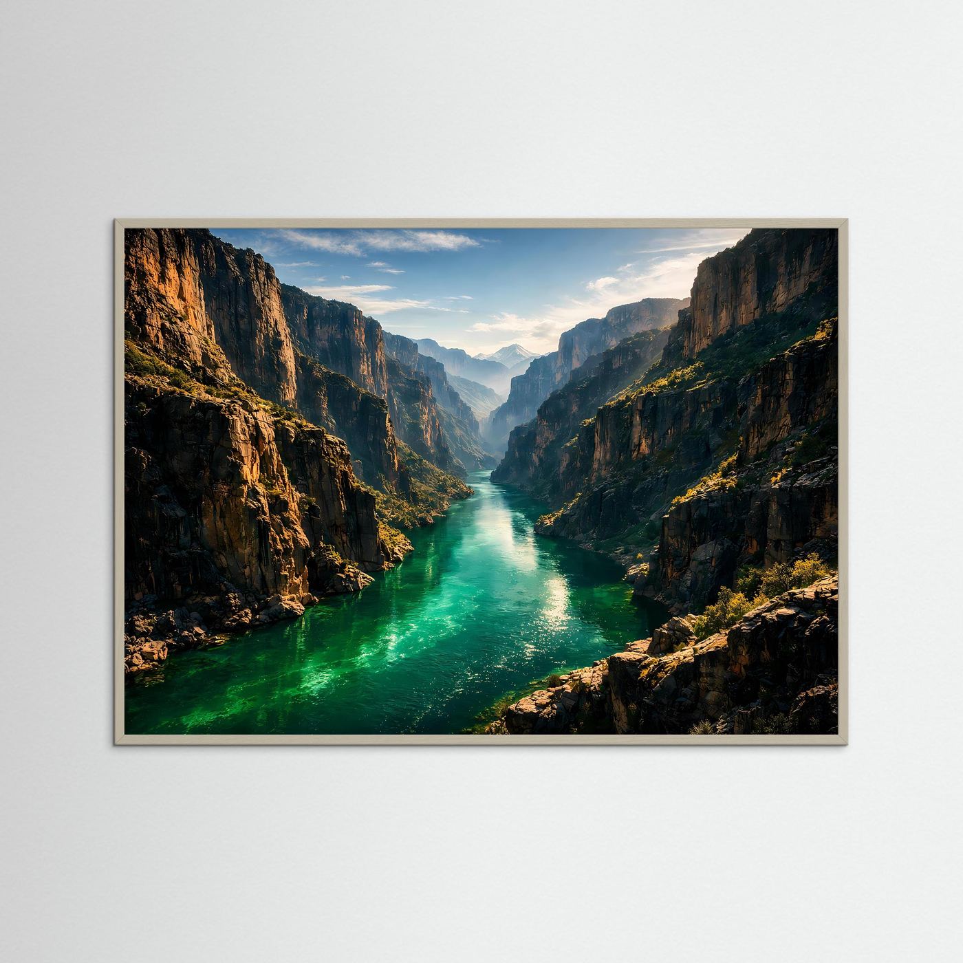 Naturposter mit Panorama-Canyon und türkisgrünem Fluss zwischen steilen Felswänden, im Holzrahmen