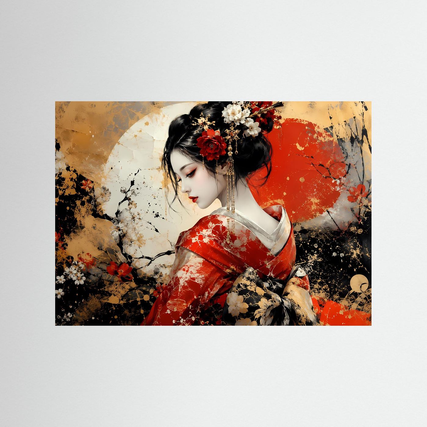 Geisha Poster Rot Gold | Japanische Wandkunst | Abstraktes Geisha Bild | Asiatische Fine Art | Luxuriöses Leinwandbild | Moderne Wanddekoration