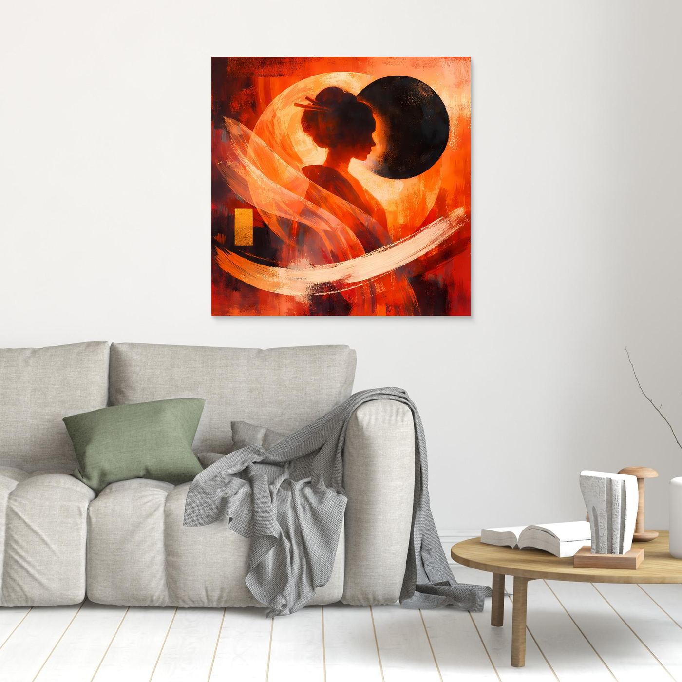 Kleines Wandbild aus Leinwand mit Geisha-Silhouette und großer dunkler Kreisform