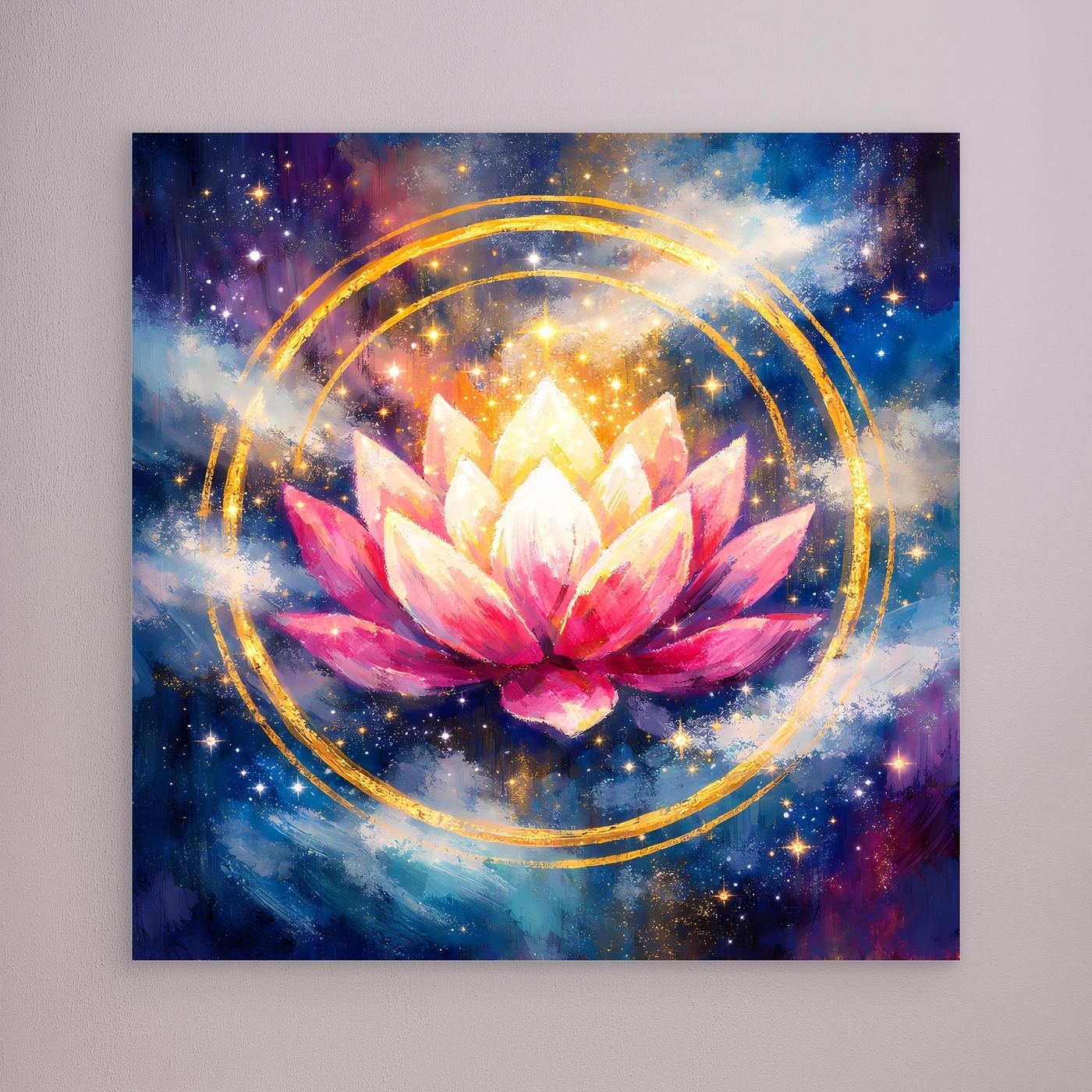 Leinwand-Wandbild Lotusblüte im Kosmos mit goldenen Kreisen, ohne sichtbaren Rahmen