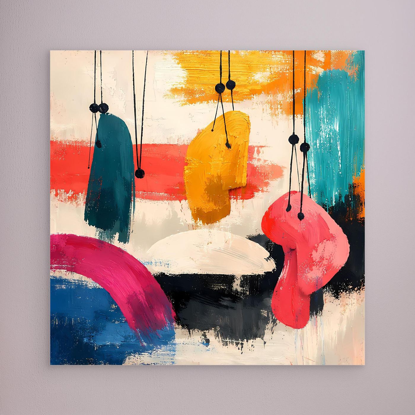 Framed abstract wall art with hanging organic shapes in teal, yellow, pink, blue