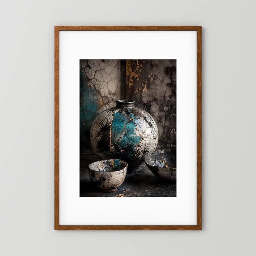 Poster im Hochformat: Kintsugi-Vase in Türkis und Gold, brauner Holzrahmen
