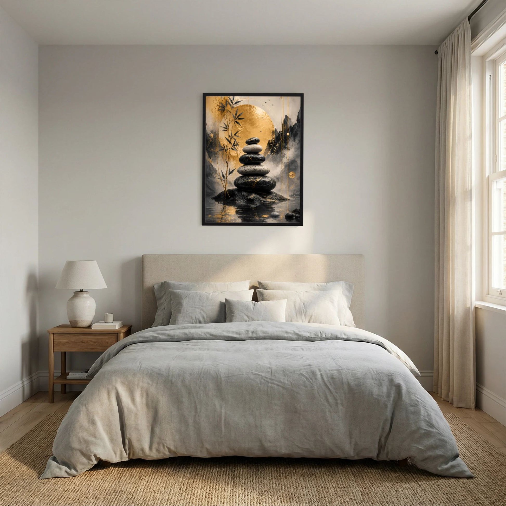 Zen-Poster im schwarzen Rahmen: Steinbalance zwischen goldenen Bambusblättern.