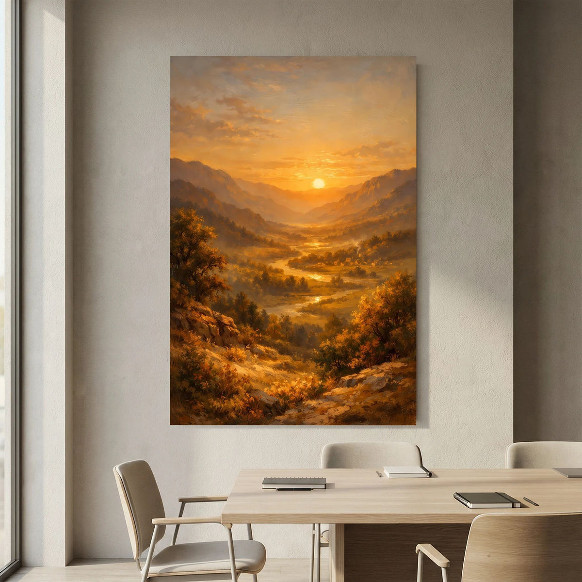 Hochformatiges Wandbild mit Landschaft aus Bergen, Flusslauf und goldenem Licht