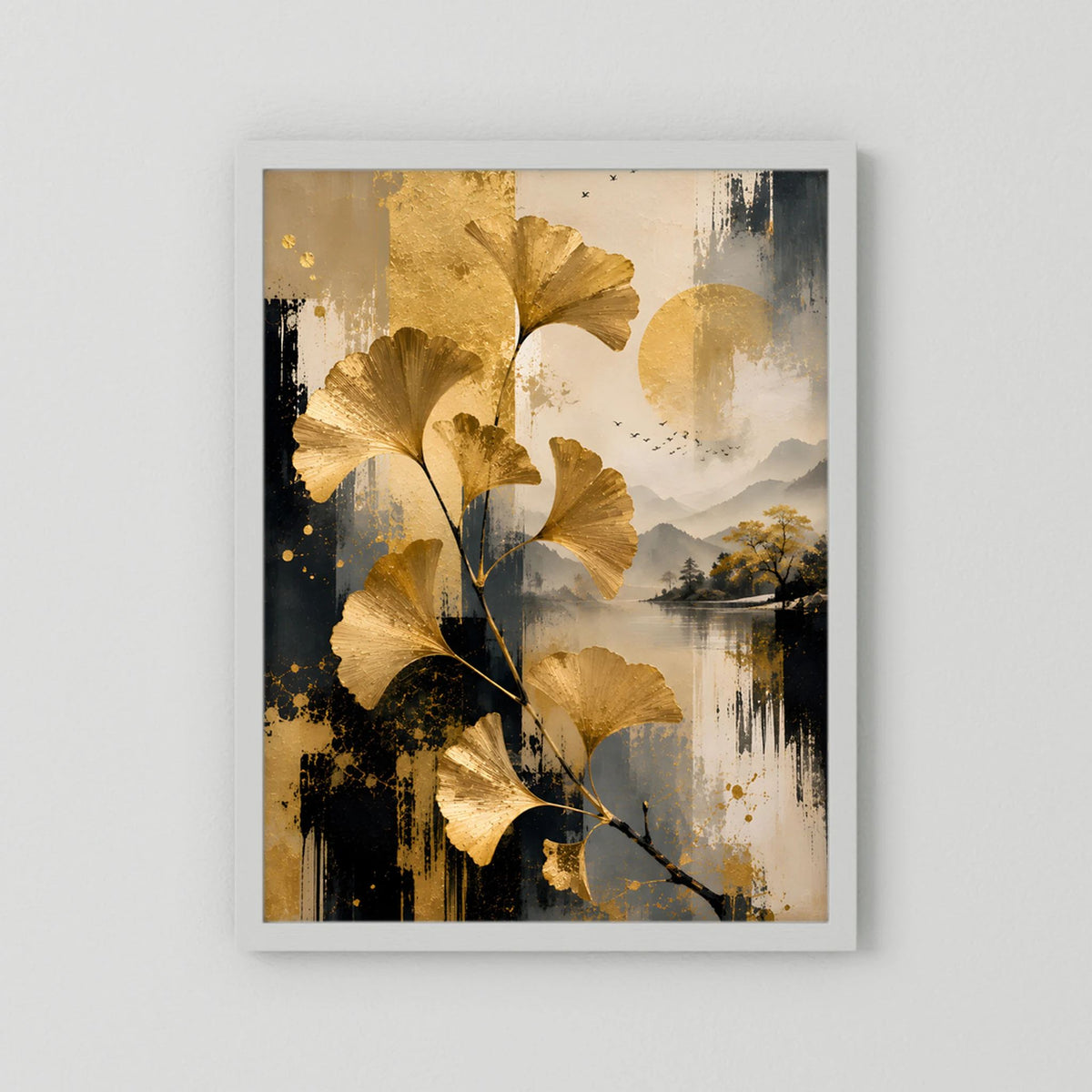 Abstraktes Ginkgo-Kunstposter im weißen Rahmen, goldene Blätter, schwarz-graue Sprenkel