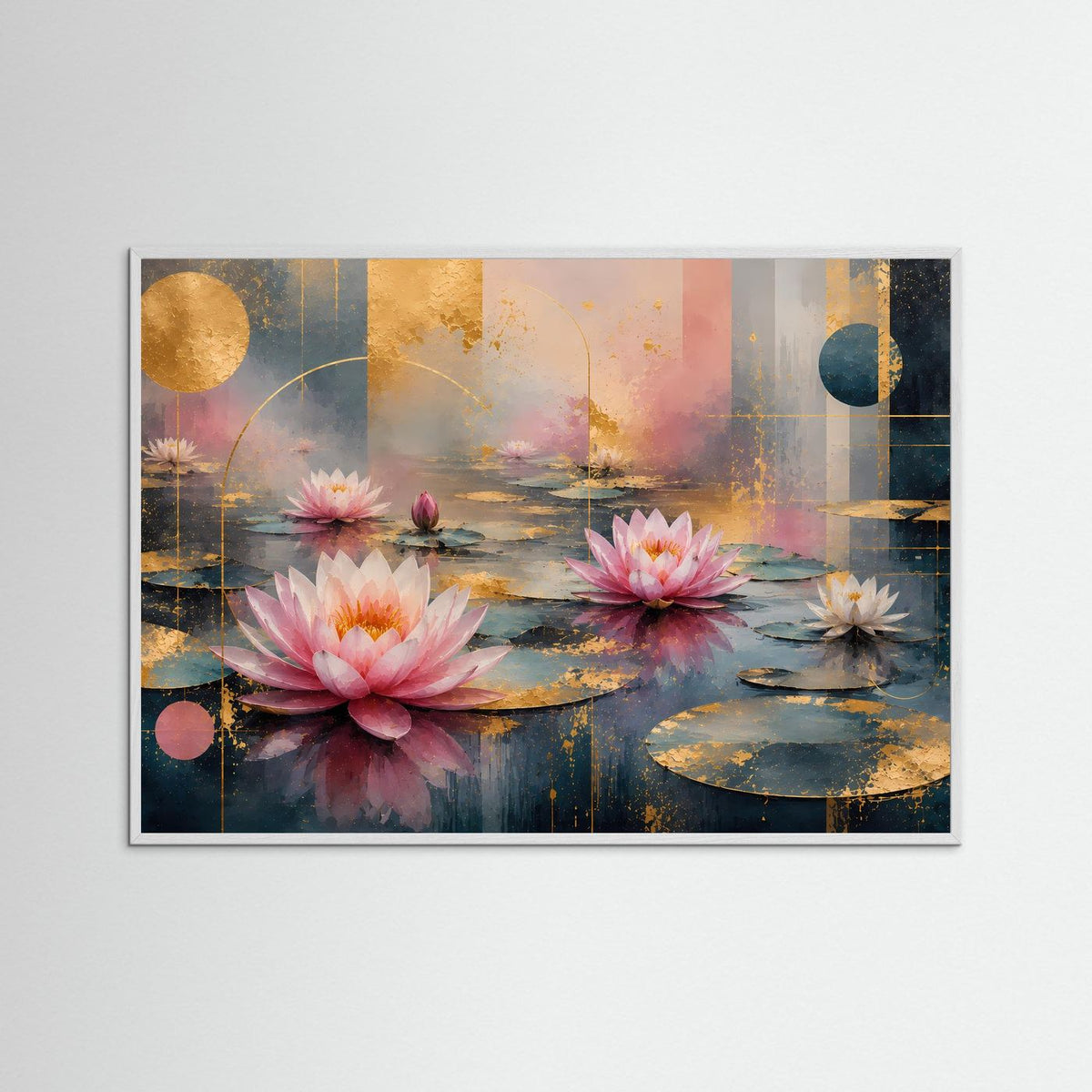Abstraktes Lotusblüten-Poster in Rosa mit goldenen Akzenten, im weißen Holzrahmen