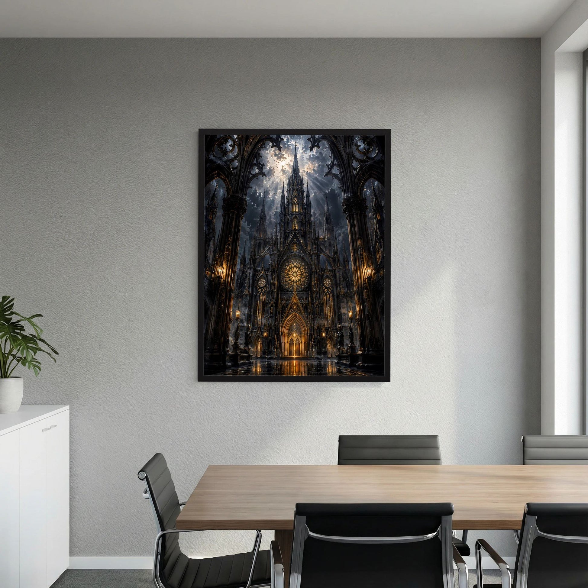 Hochformat-Poster mit gotischer Kathedrale in Schwarz und Gold, schwarzer Rahmen