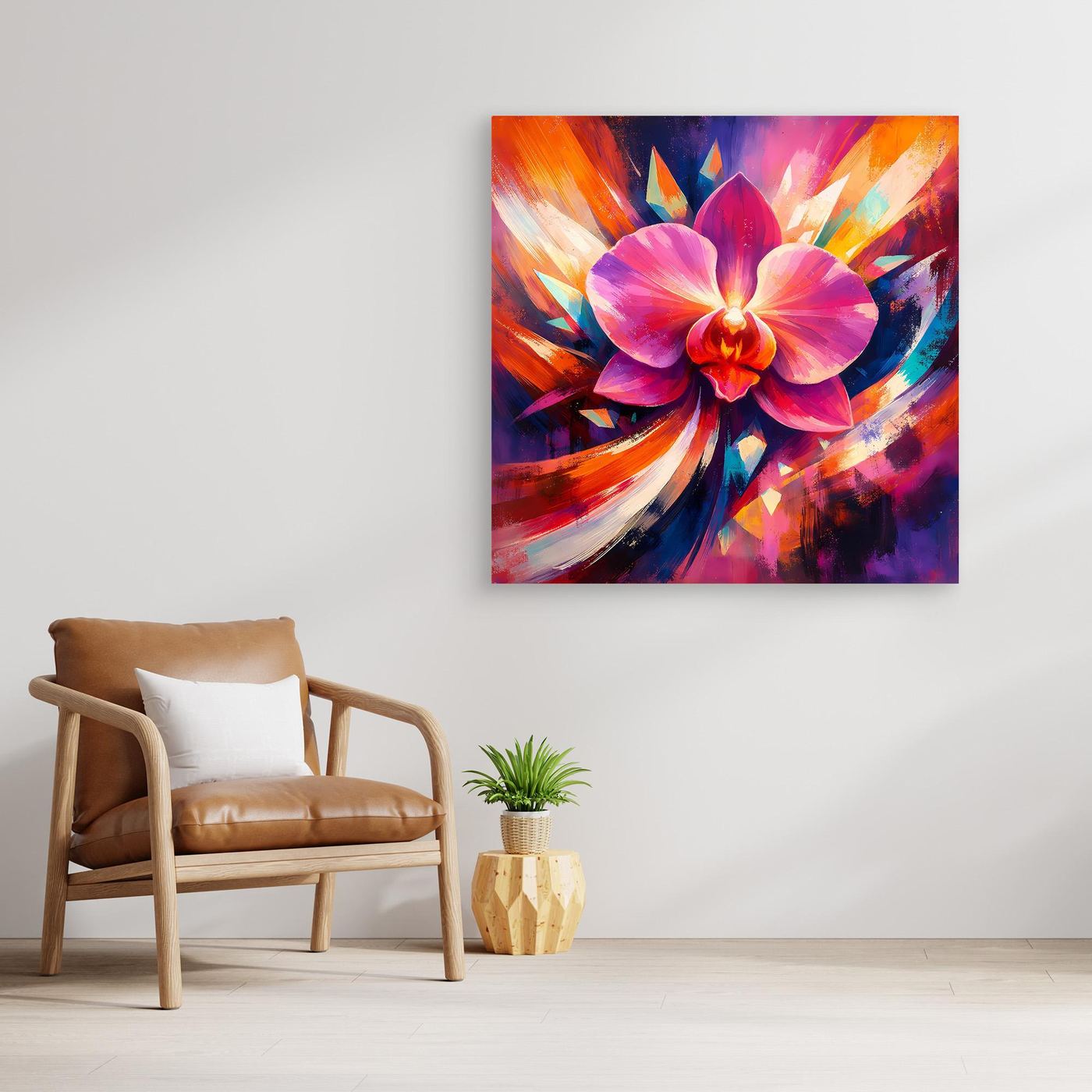 Leinwandbild mit abstrakter Orchidee in kräftigen Farben, quadratisch, mit eichenfarbenem Rahmen