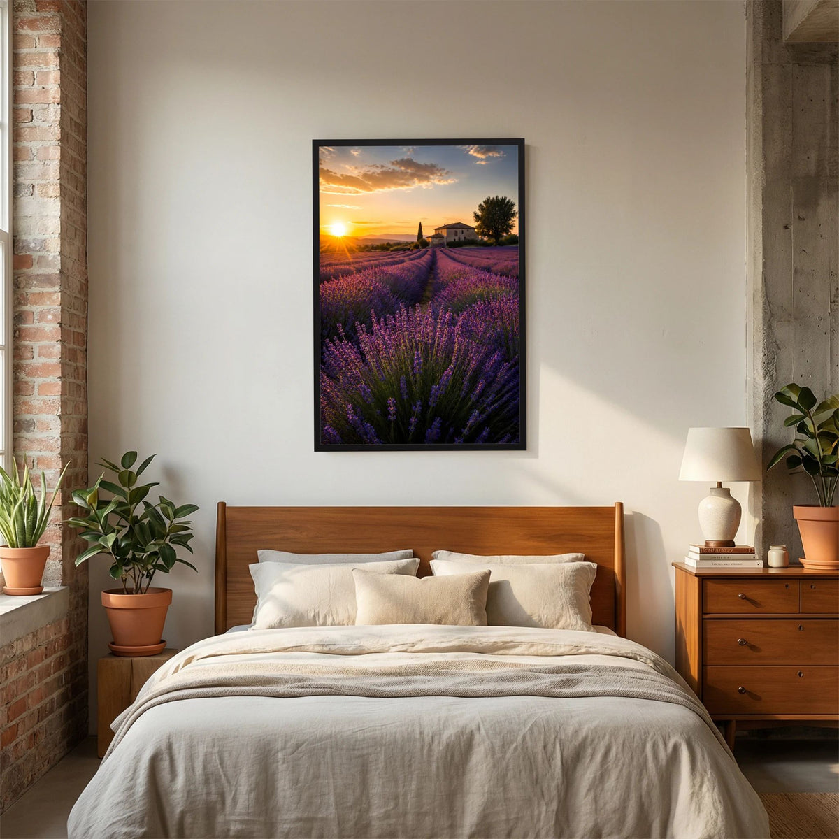 Kunstposter im Hochformat mit schwarzem Rahmen, Lavendelfeldweg im Abendlicht