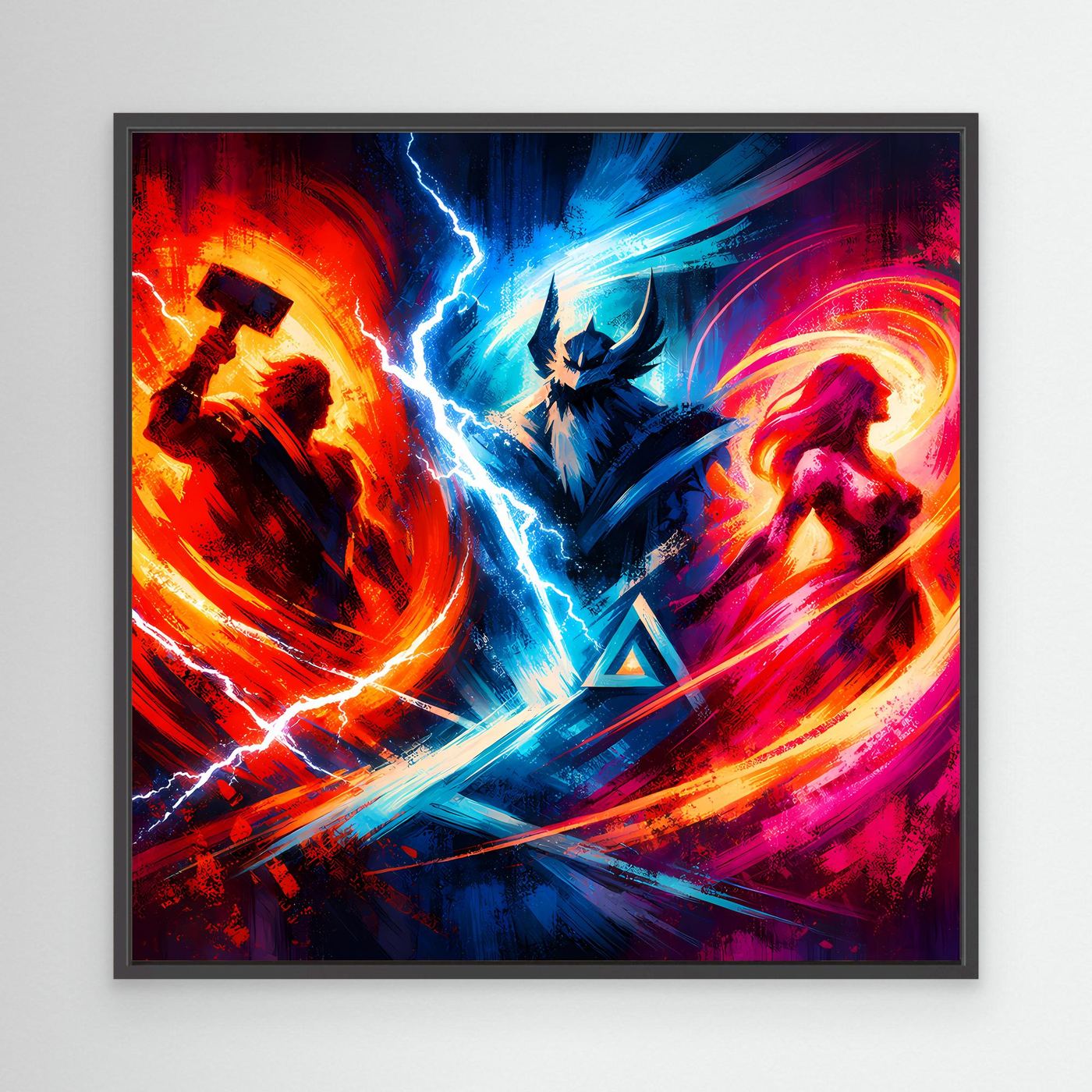 Neon-Fantasy-Leinwand-Wandbild mit Figuren, leuchtenden Wirbeln und Blitzbogen, schwarz gerahmt