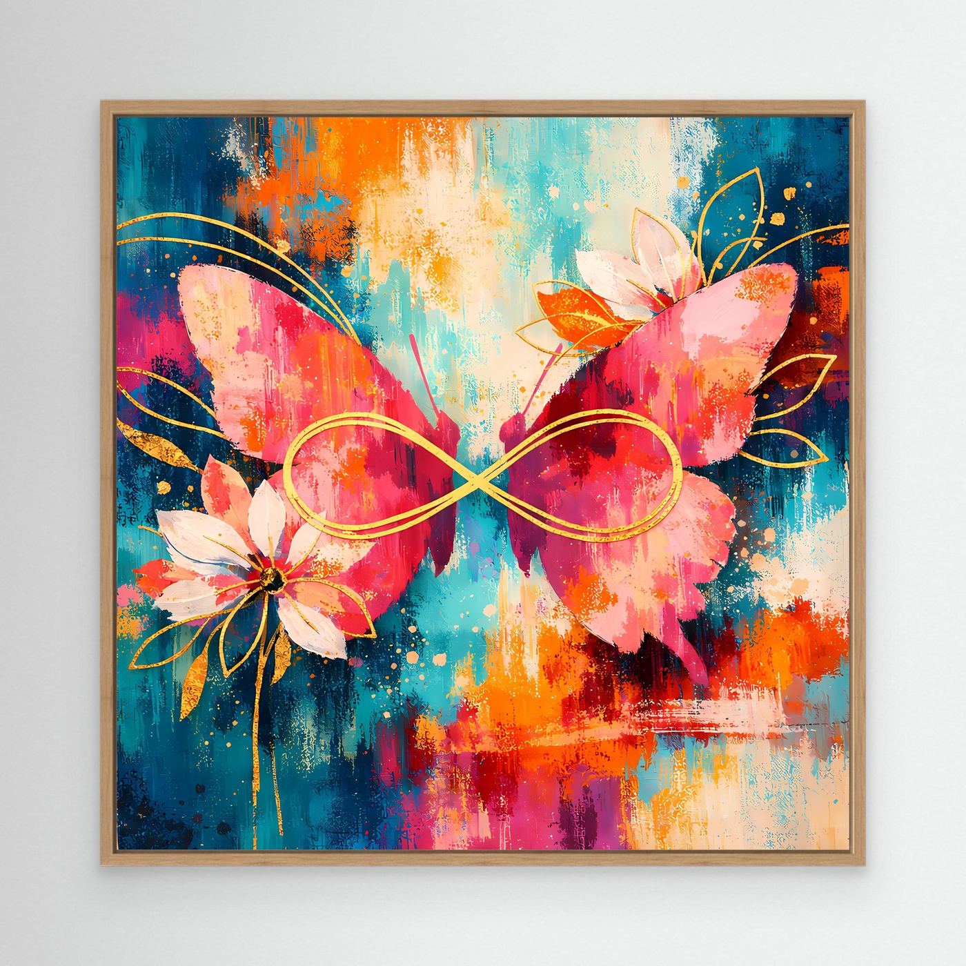 Wandbild mit hellem Holzrahmen: abstrakte Schmetterlinge und Blüten, Unendlichkeitslinie in Rosa