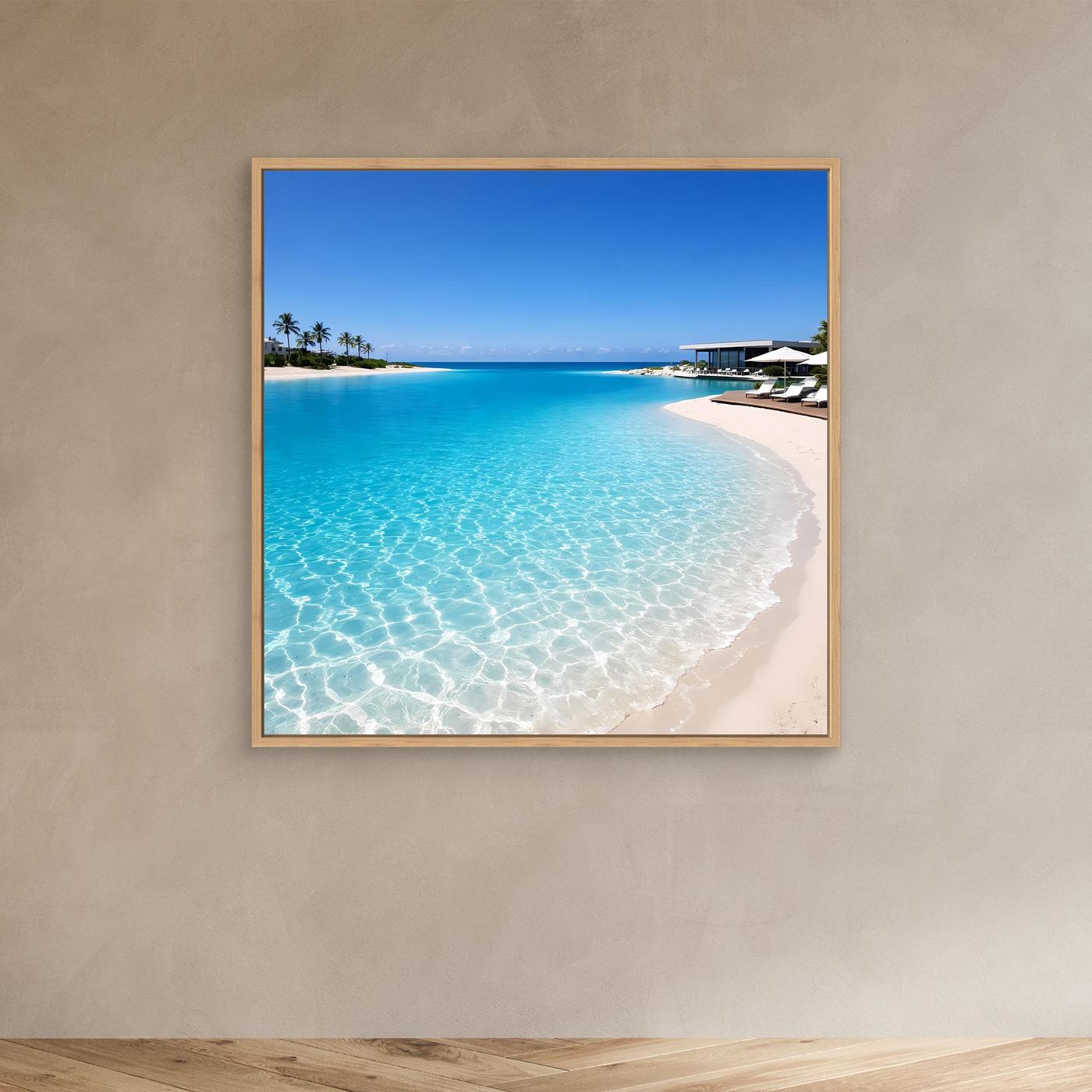 Leinwandbild Strand mit türkisblauem Meer in Eichenrahmen