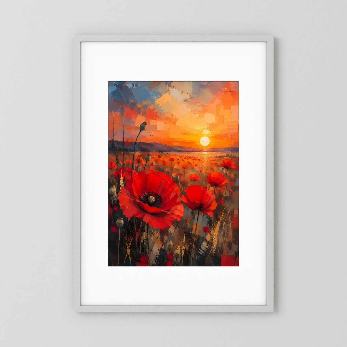 Gerahmtes Hochformat-Poster: rote Mohnblumen, orange Sonnenuntergang