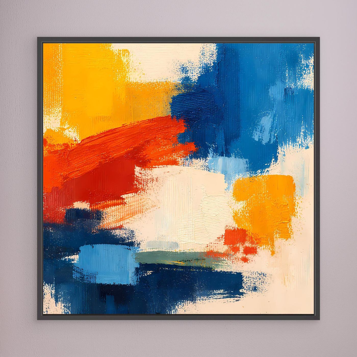 Abstract canvas wall art with bold blue, red, yellow brush strokes in a black frame