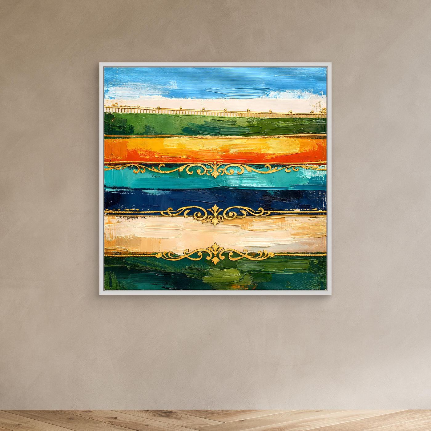 Leinwand Elegante Abstrakte Farbstreifen | Modernes Wandbild mit Goldornamenten