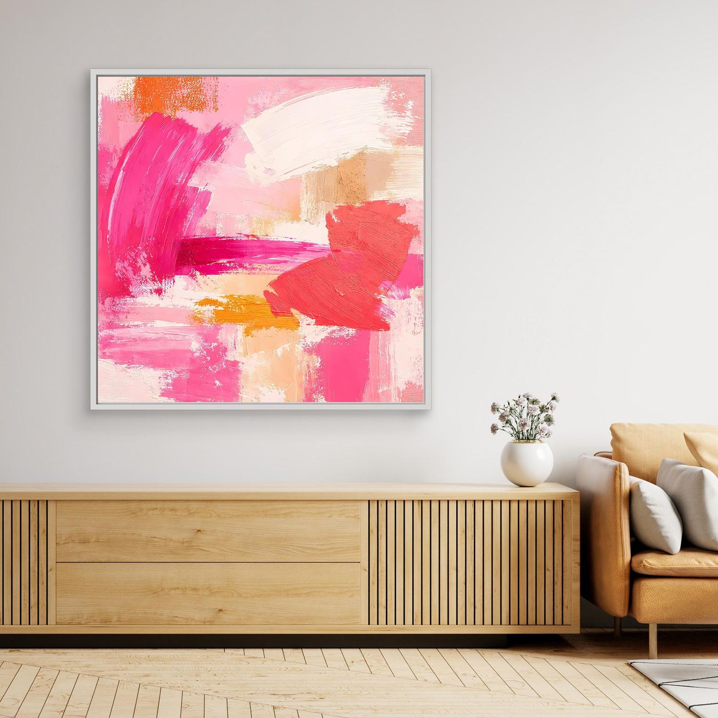 Wandbild im quadratischen hellen Rahmen: Pastell-Farbspiel in Rosa und Creme