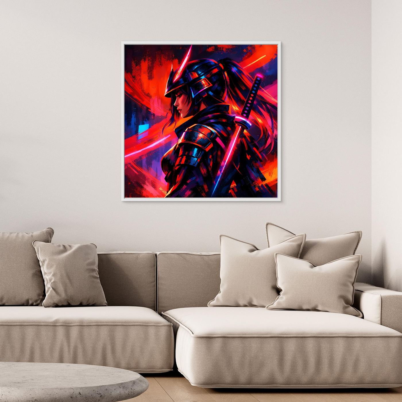 Gerahmtes Leinwandbild mit Samurai-Kriegerin, dunkler Rüstung, roter/blauer Neon-Lichtstimmung.