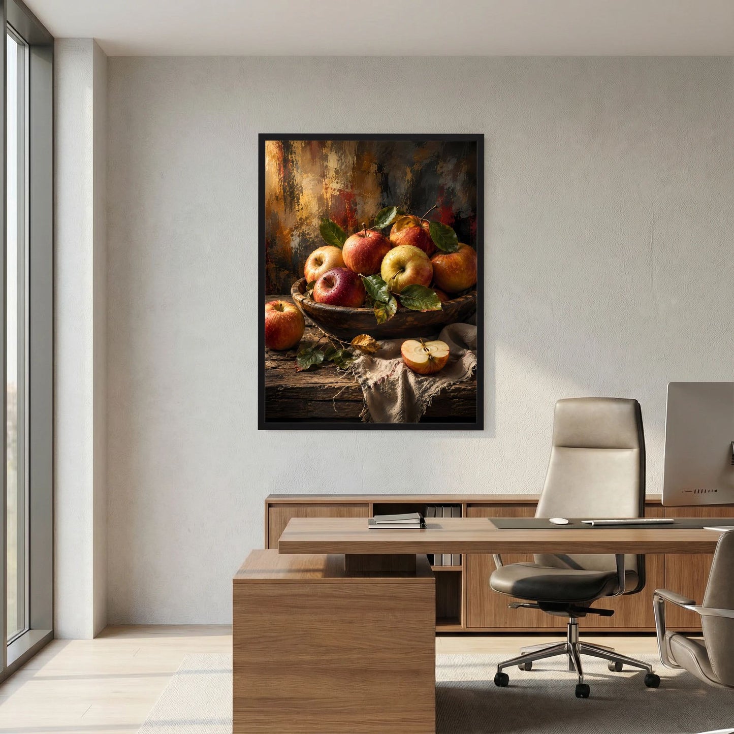 Hochformatiges Poster mit Apfel-Stillleben in Schale, im schwarzen Rahmen