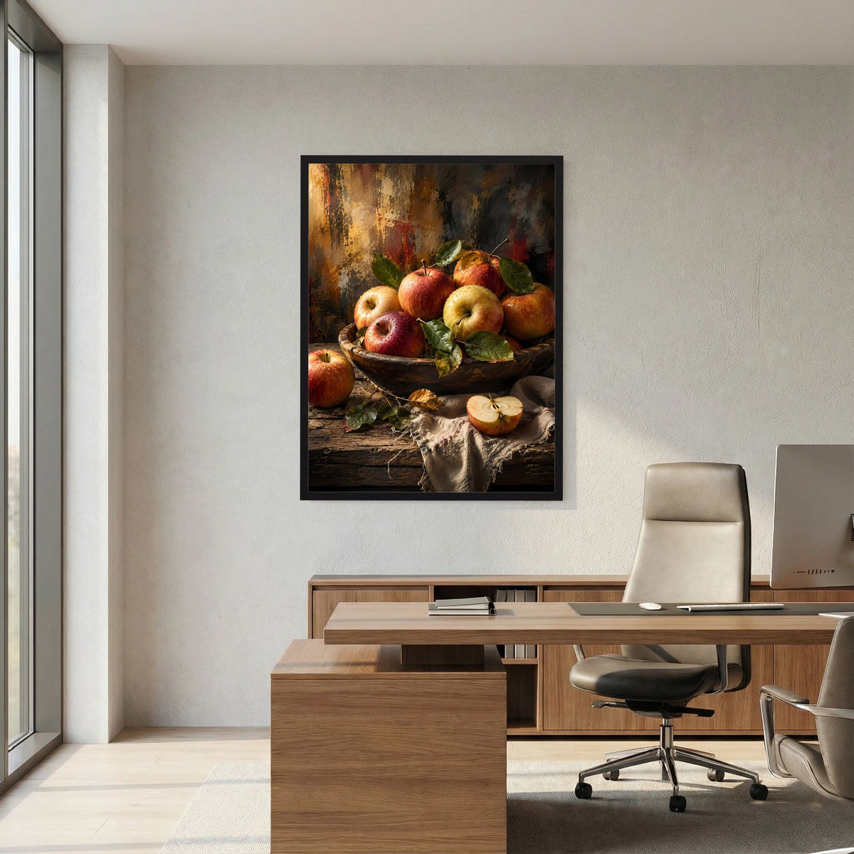 Hochformatiges Poster mit Apfel-Stillleben in Schale, im schwarzen Rahmen