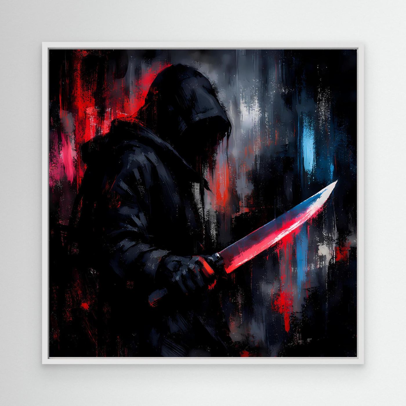 Wandbild mit weißem Rahmen: Schattenkrieger mit Kapuze, rotes Lichtschwert; abstrakte Neon-Streifen.