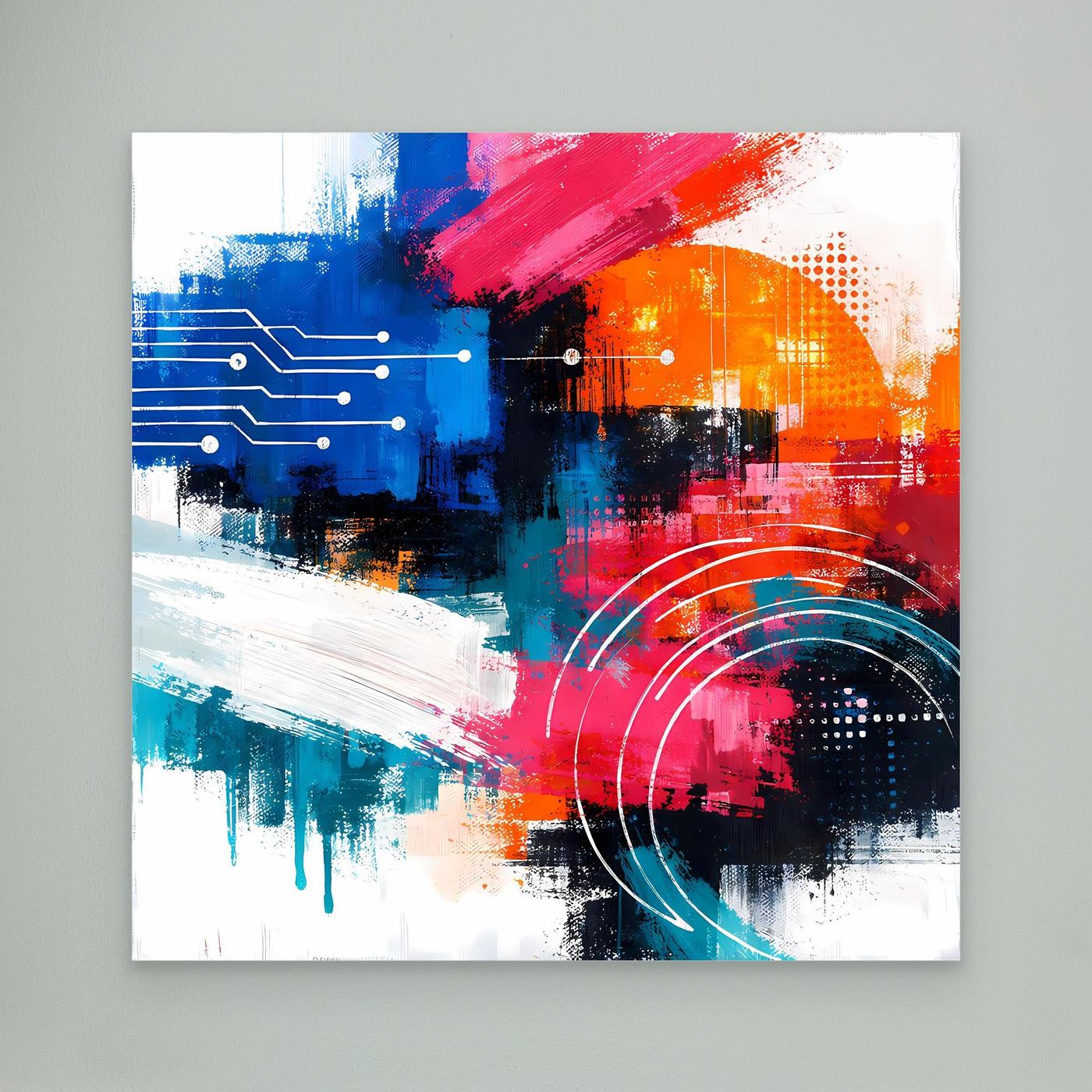 Abstract cyber wall art print with white border, colorful geometric blocks and arc motifs