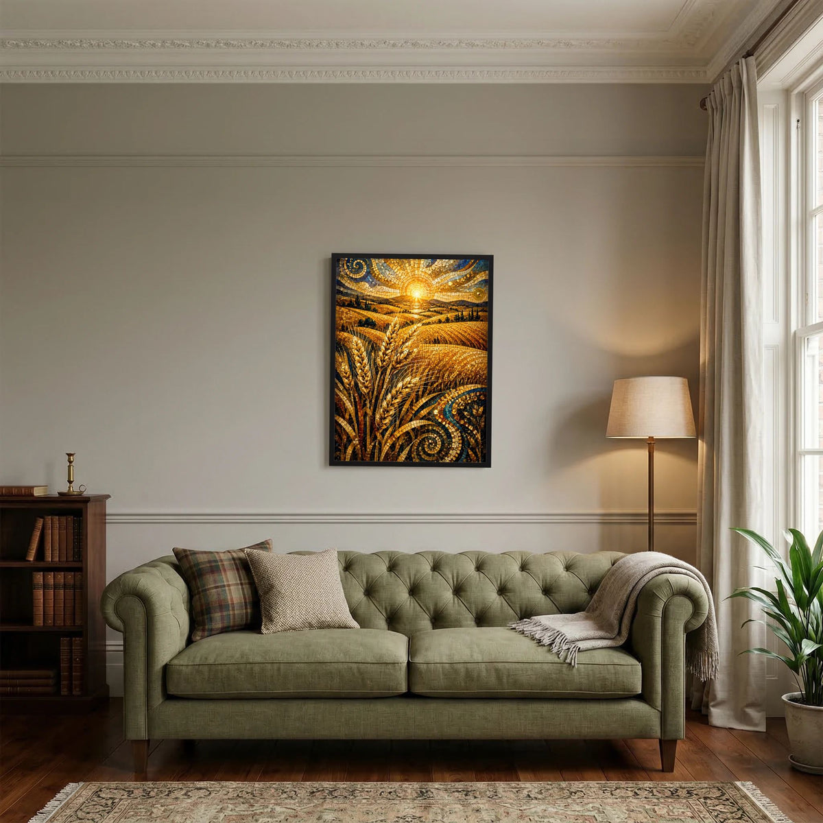 Poster mit goldenem Weizenfeld, Mosaikornamenten und heller Sonne über den Ähren