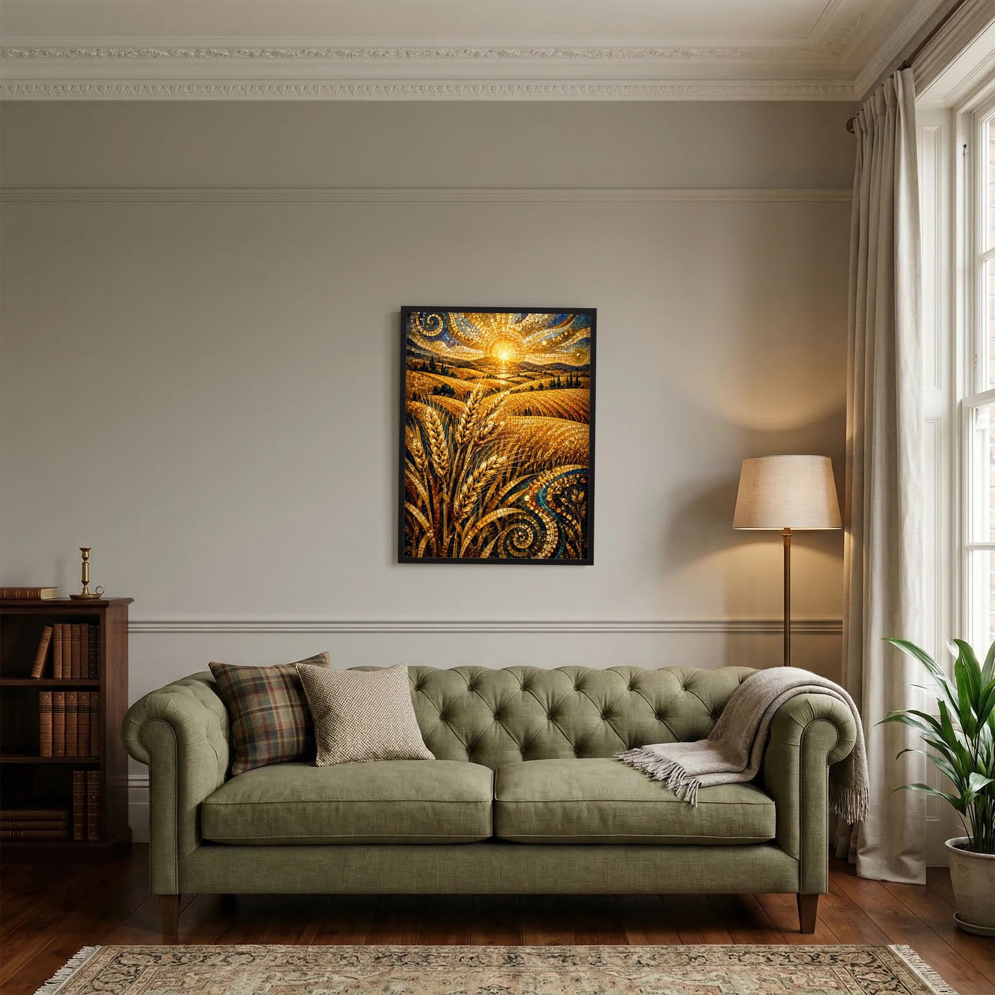 Poster mit goldenem Weizenfeld, Mosaikornamenten und heller Sonne über den Ähren