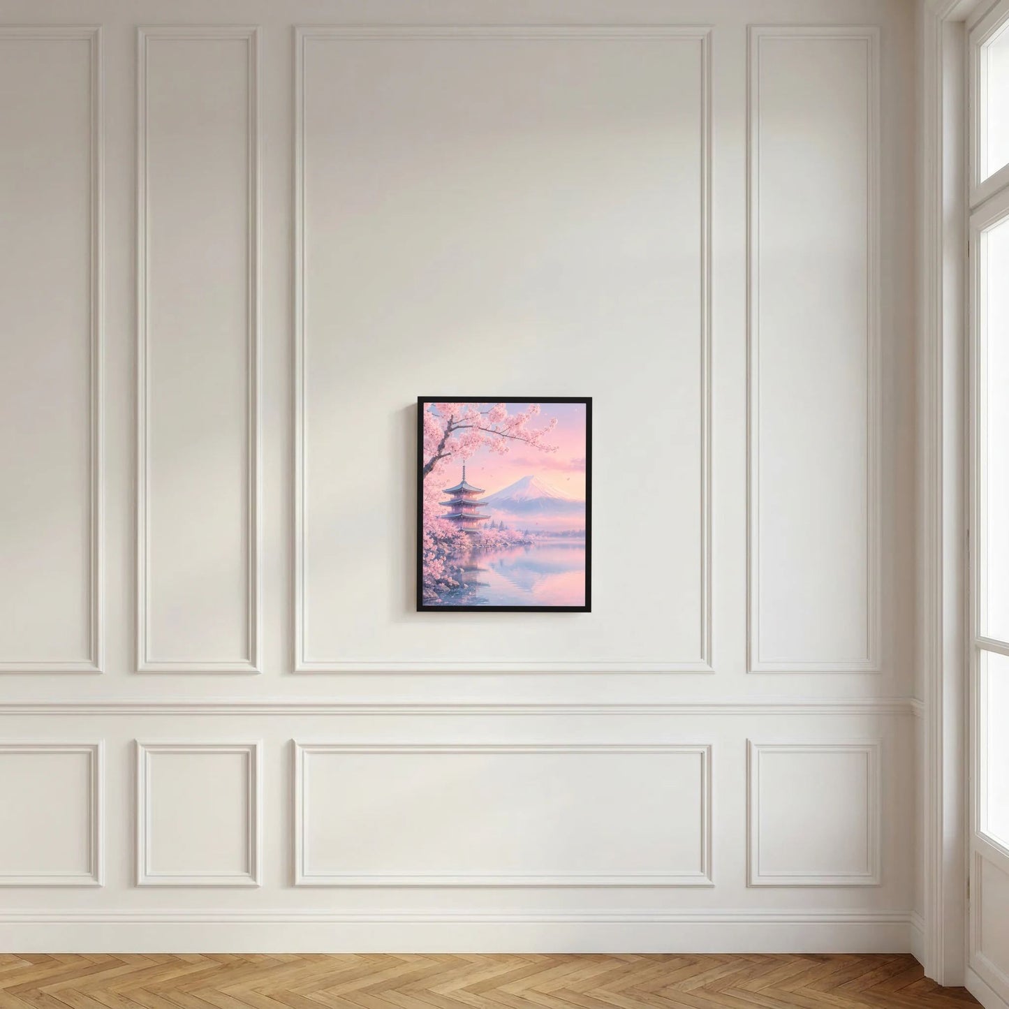 Gerahmtes Poster im Hochformat mit Kirschblüten, Fuji und Pagode in Pastellrosa