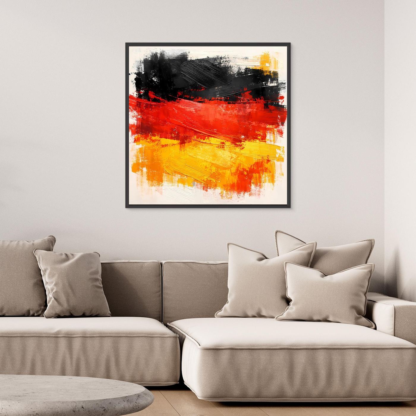 Abstract Germany flag wall art with black, red, and gold brush strokes in black frame