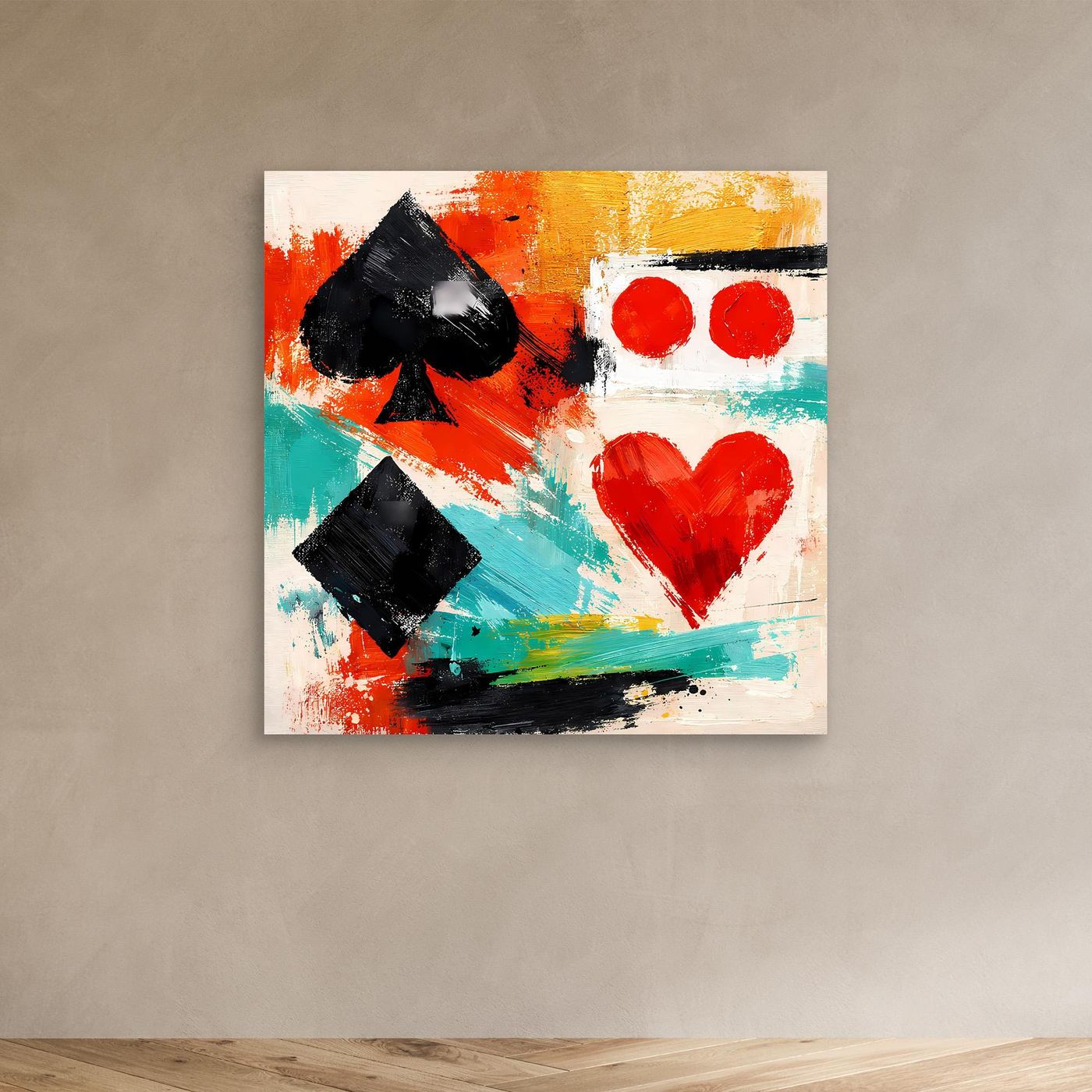 Square abstract canvas with black spade, black diamond, red dots and heart on colorful strokes