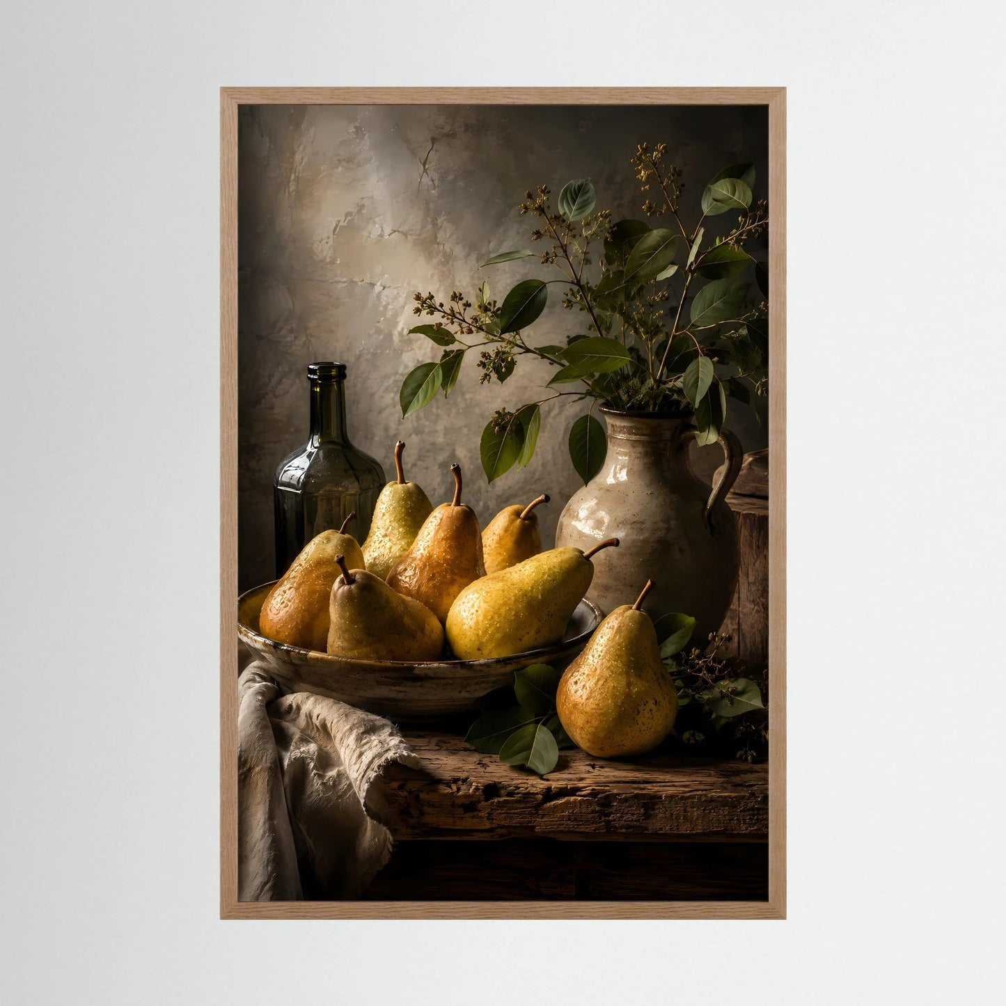 Hochformatiges Poster mit Birnen in Schüssel, Flasche und Vase im Holzrahmen