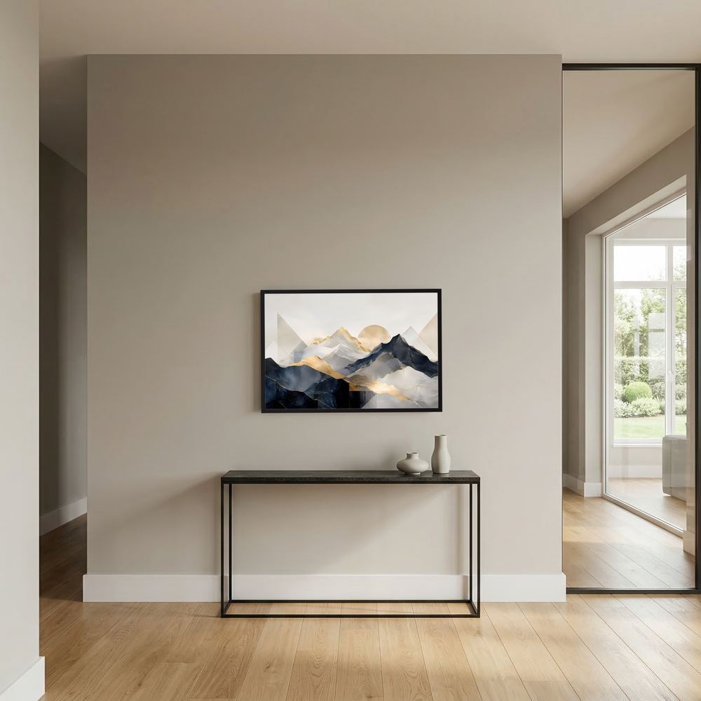 Wandbild im schwarzen Rahmen: abstrakte Berglandschaft in Beige und Gold