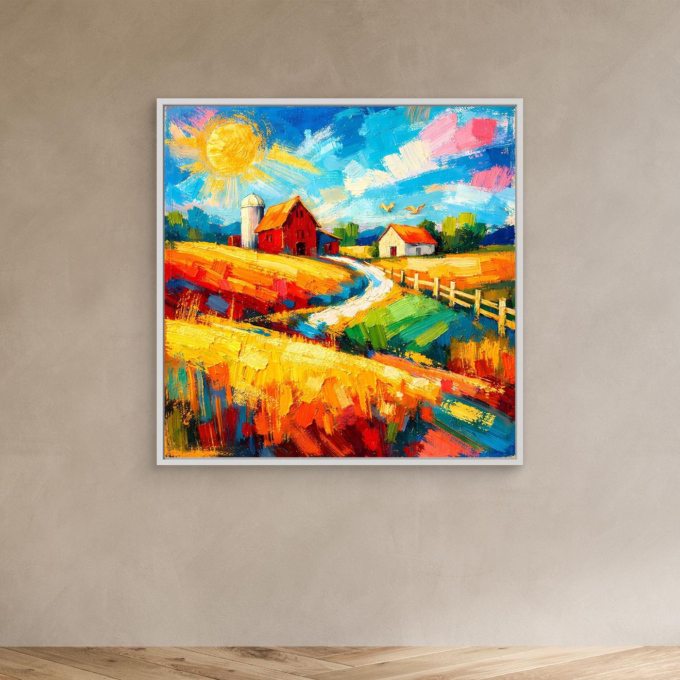 Leinwandbild Bauernhof mit weißem Rahmen: rote Scheune, Feldweg, Zaun, Sonne