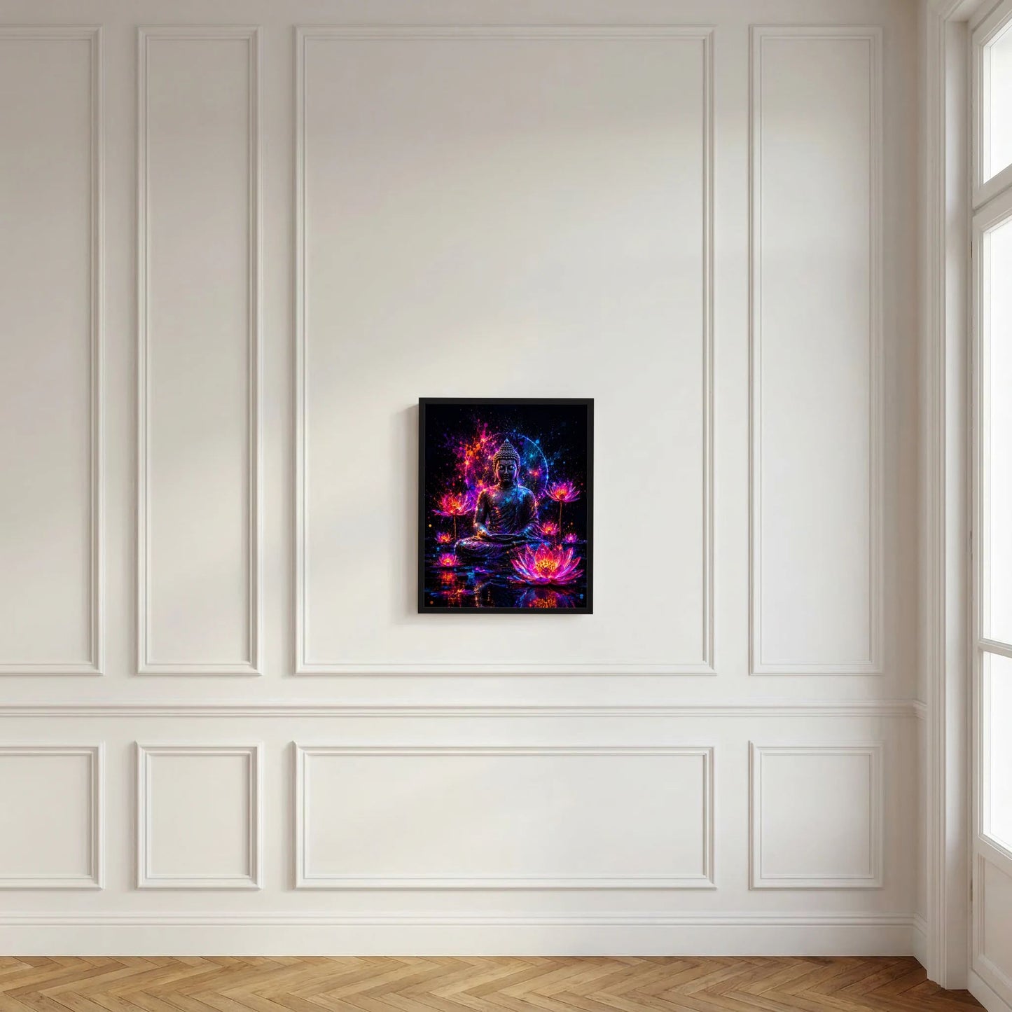 Wandposter mit sitzendem Buddha in Neon-Pink und Blau und leuchtenden Lotusblüten