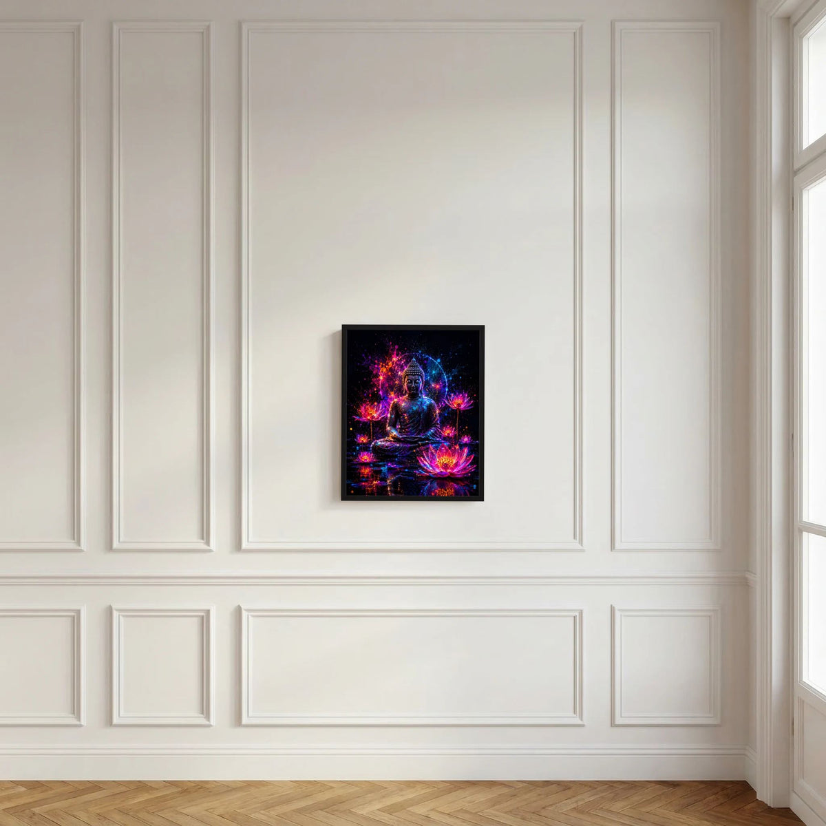 Wandposter mit sitzendem Buddha in Neon-Pink und Blau und leuchtenden Lotusblüten