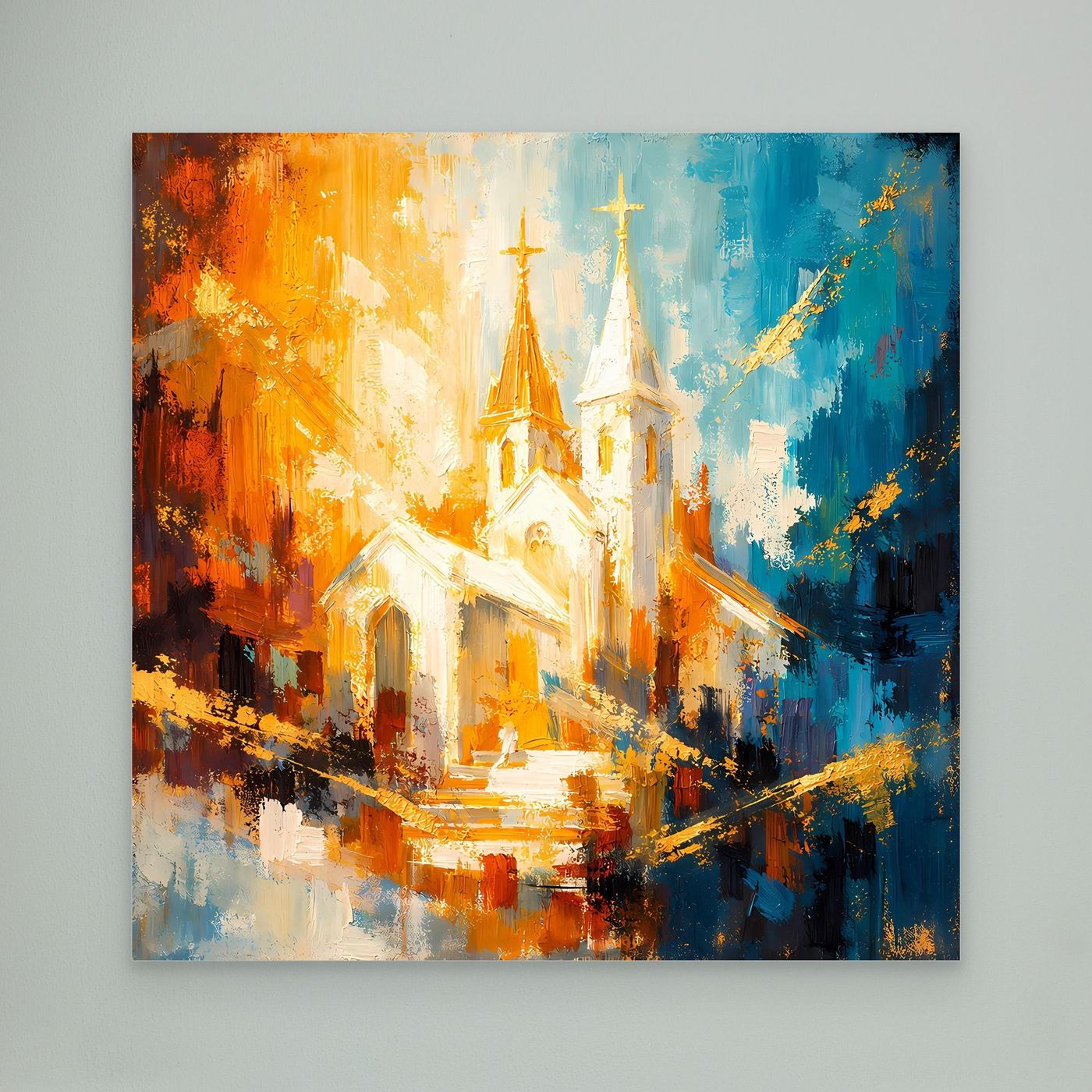 Leinwandbild mit abstraktem Kirchenmotiv in Orange- und Blautönen, ungerahmt