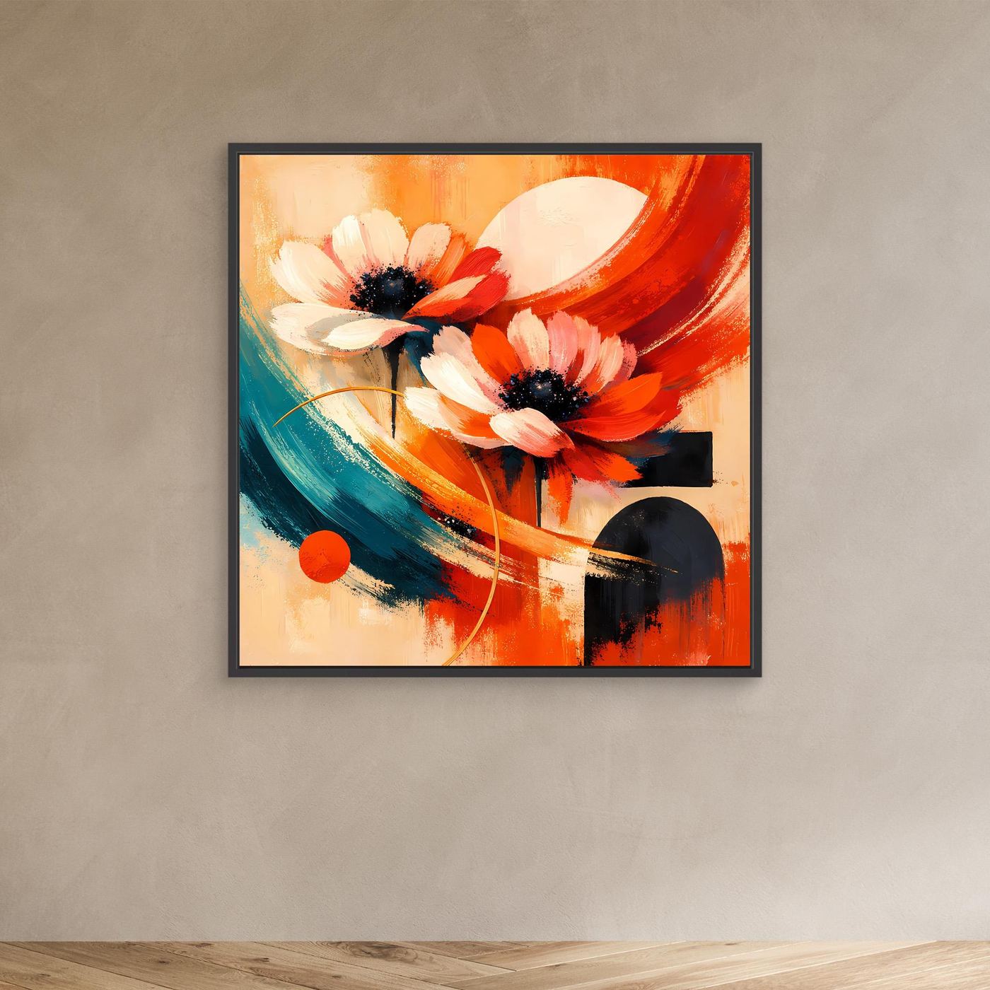 Leinwandbild mit abstrakten Anemonenblüten im dunklen Rahmen, Rot-Orange und Türkistöne.
