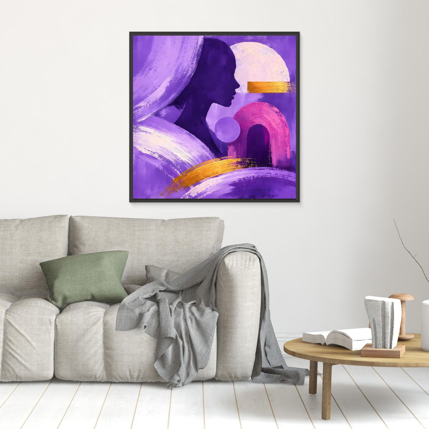 Abstraktes Leinwandbild mit Frauenprofil, violettem Hintergrund und Goldstreifen, klein, dunkel gerahmt.